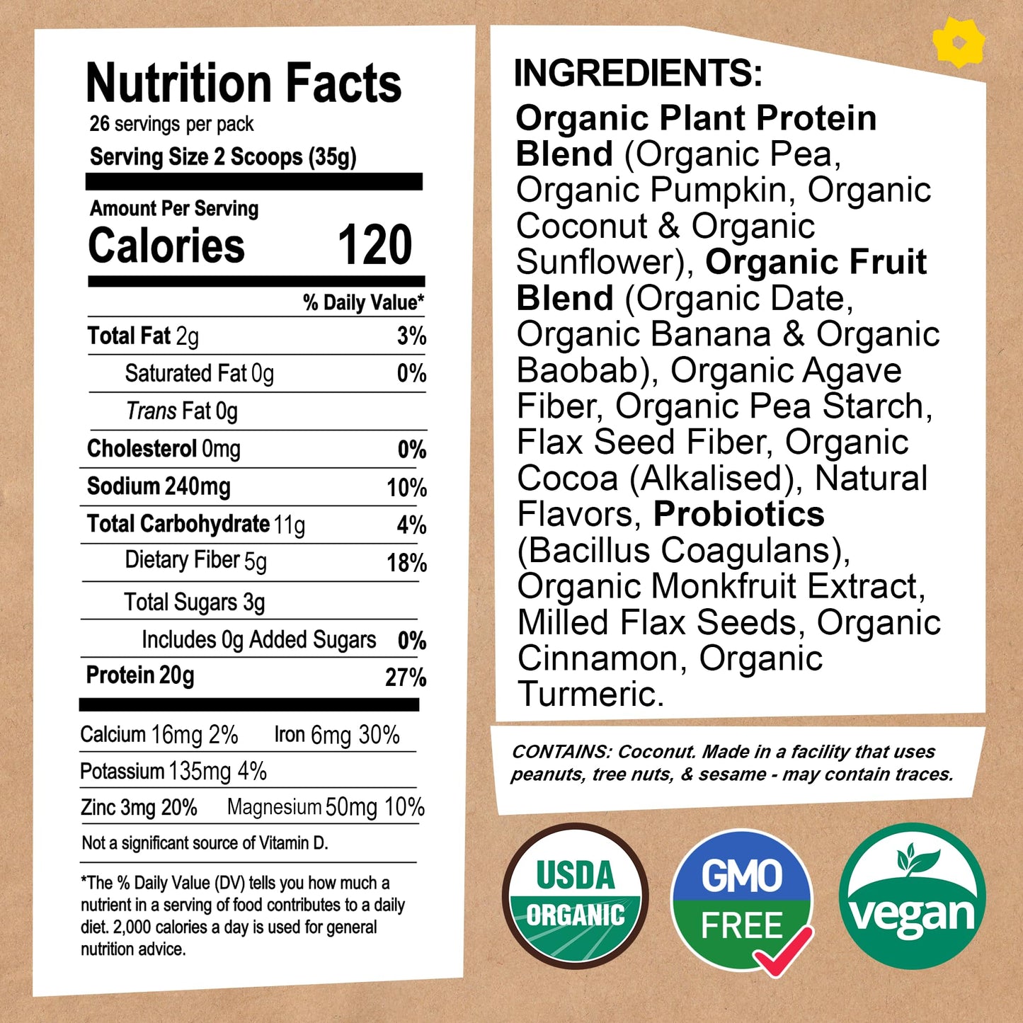 EarthChimp Vanilla Vegan Protein - Organic, Probiotics, Gluten-Free, 32 oz