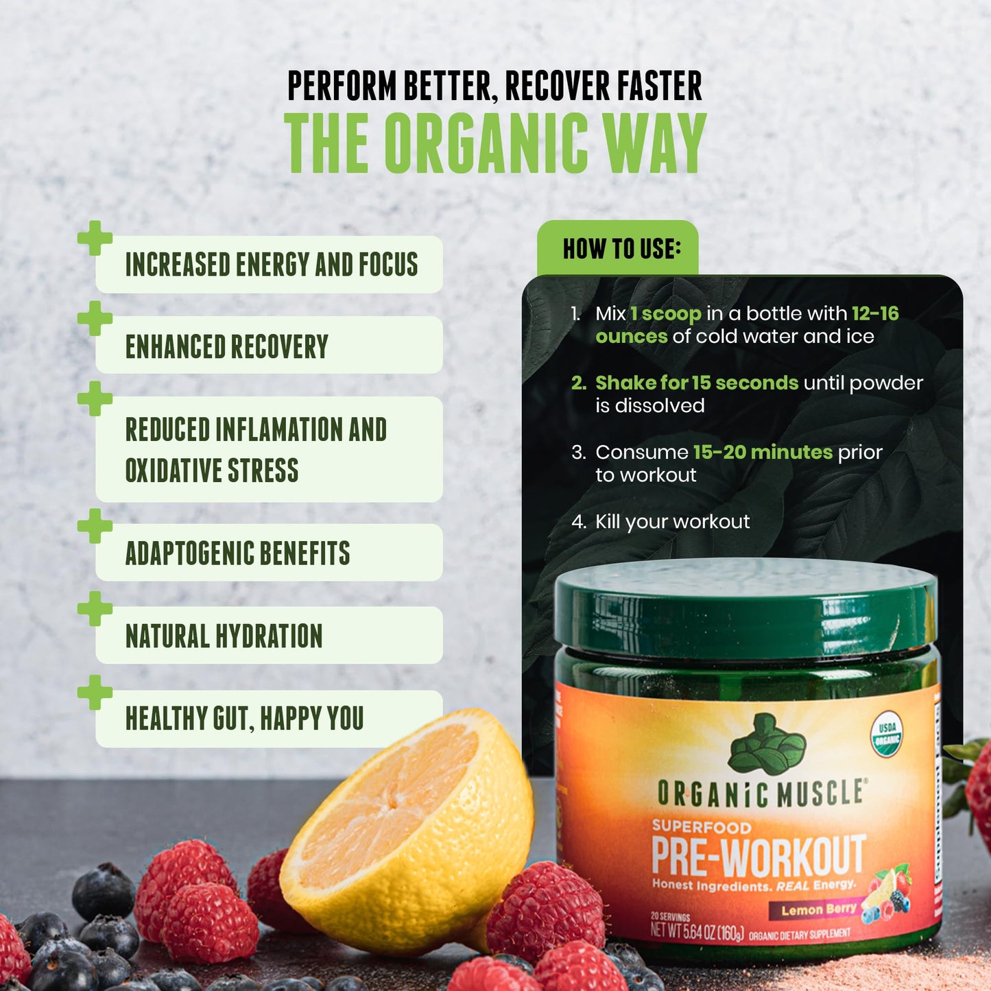 Organic Pre-Workout – Lemon Berry, Clean Energy, No Jitters, 20 Ct