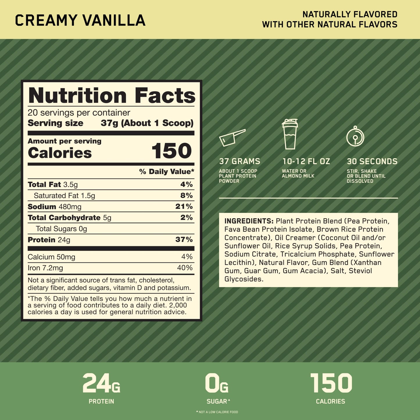 Optimum Nutrition Plant Protein – Vanilla, 24g, Vegan, 20 Servings