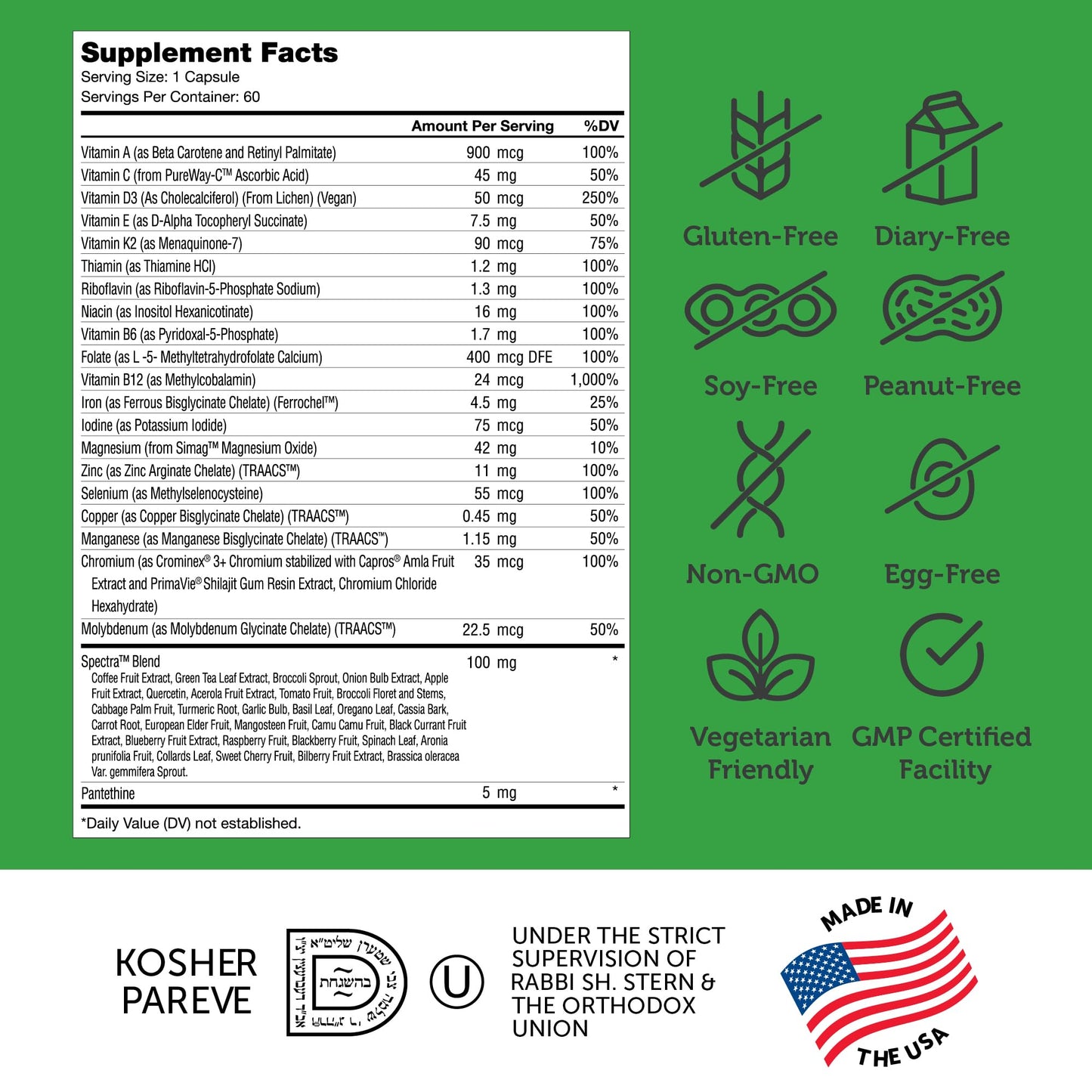 Zahler One Daily Vegan Multivitamins – Whole Food Blend, 60 Ct