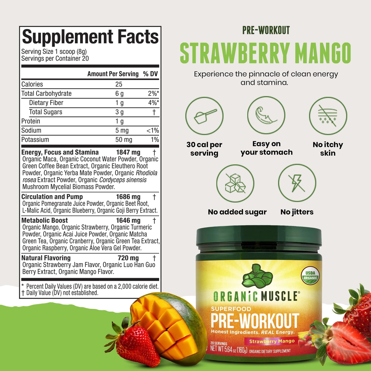 Organic Pre-Workout – Strawberry Mango, Clean Energy, 20 Servings