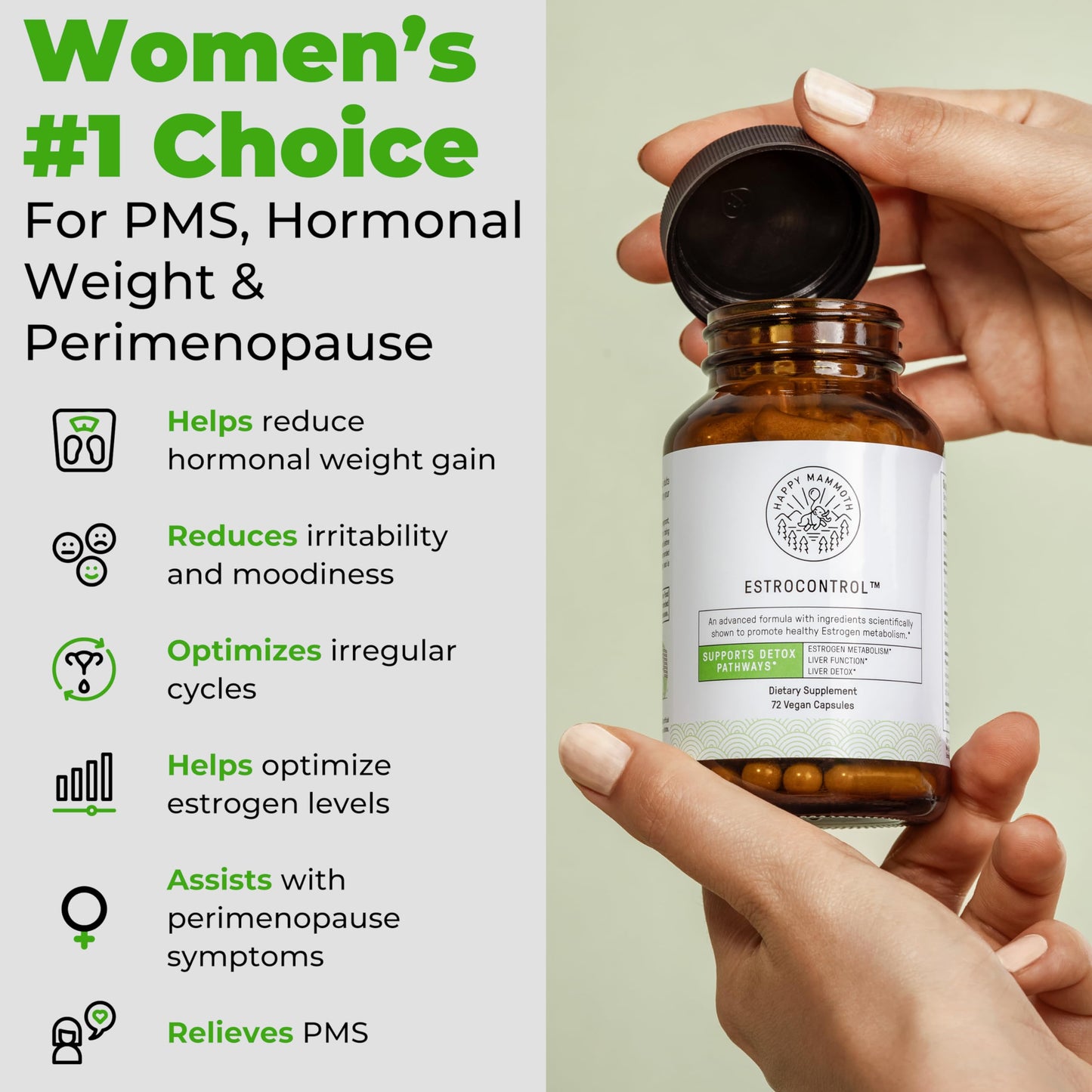 Happy Mammoth EstroControl Natural Estrogen Balance Support for Women. Relief for PMS, Irritability, Hormonal Weight Gain, Cravings, Metabolism, Irregular Periods, Healthy Energy. 72 Caps.