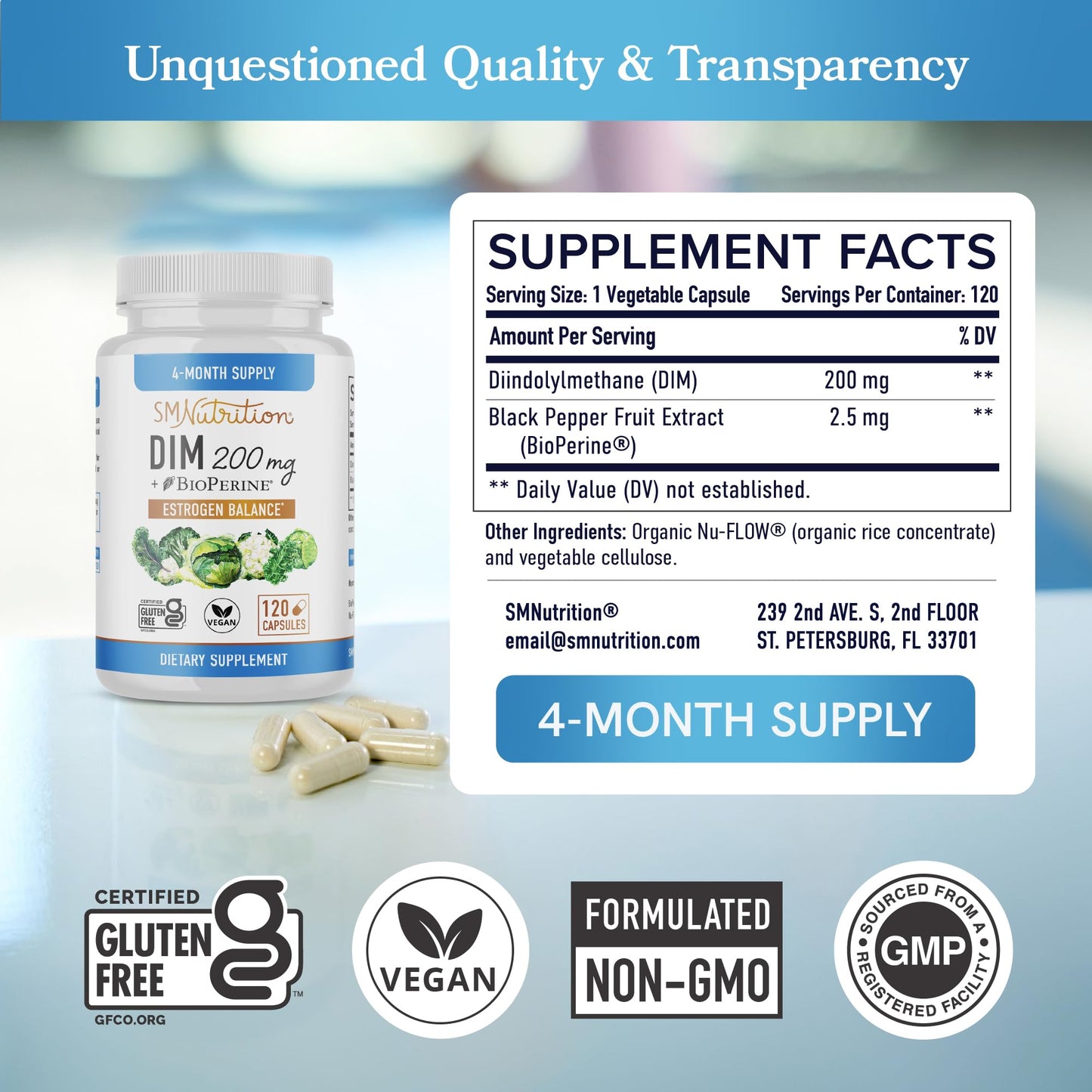 DIM Supplement 200mg – Hormone Balance for Women & Men, Vegan, 120 Ct