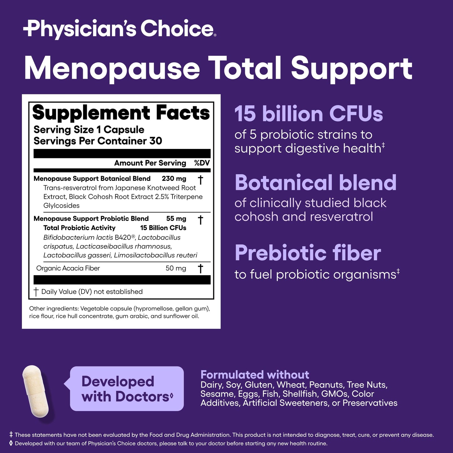 Physician's CHOICE Menopause Probiotic Supplement for Women - Supports Hormone Balance, Hot Flashes, Night Sweats, Weight Management, Bloating & Gut Health - with Black Cohosh, Resveratrol+ - 30ct