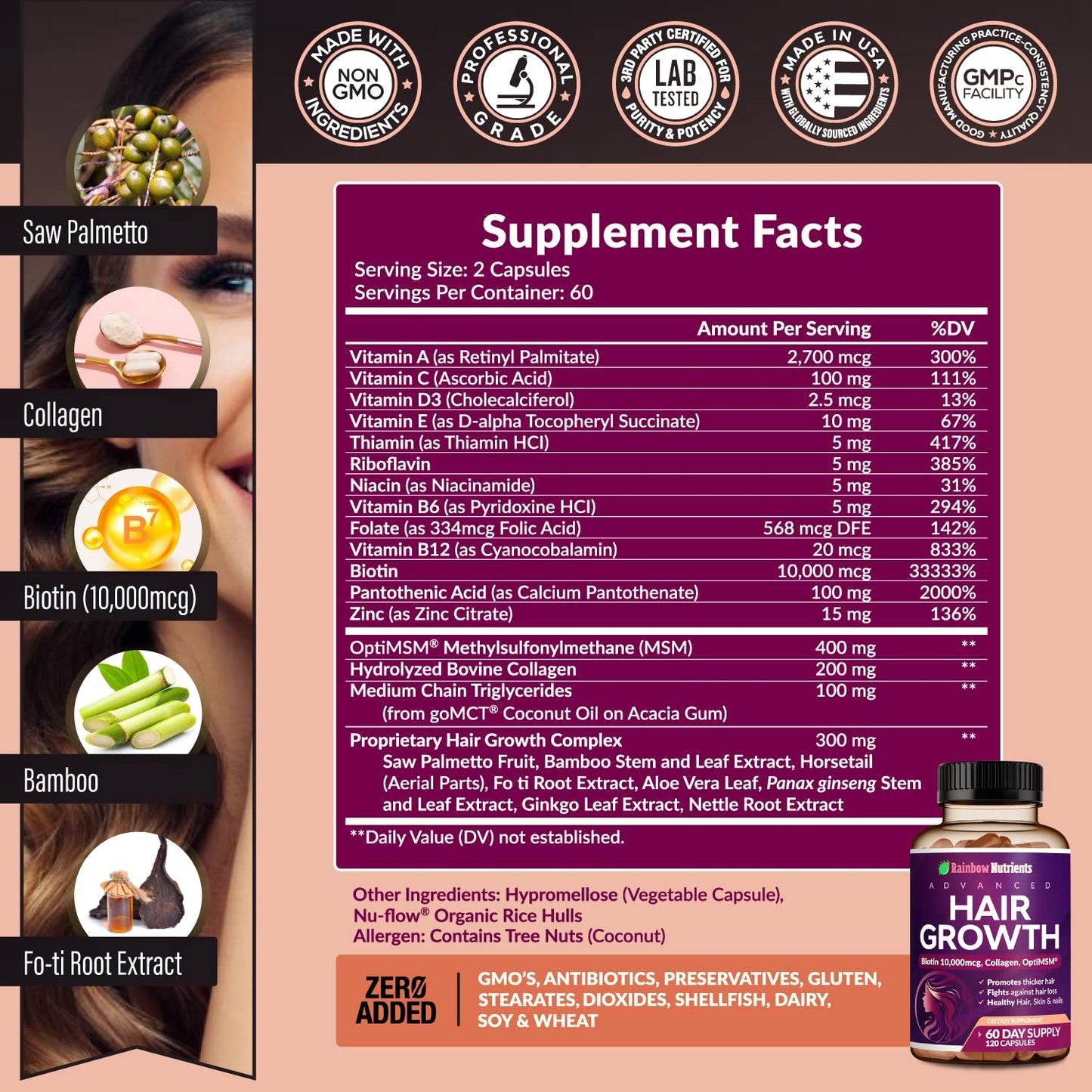 Hair Growth Vitamins for Women – Biotin, Collagen, MSM – 60 Day Supply
