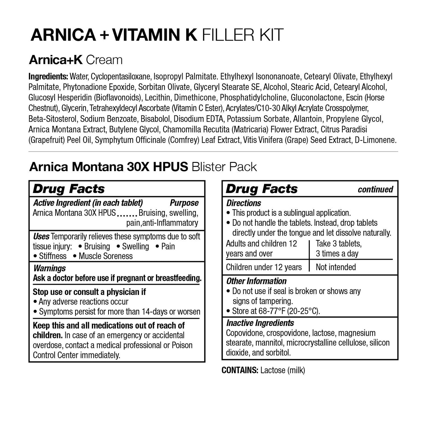 Vitamedica | Arnica Filler Kit Bundle | Arnica Montana 30X Blister Pack + Arnica & Vitamin K Topical Cream | Vitamin K Topical Cream | Softens, Calms, Moisturizes, & Restores Bruised Skin | Recovery