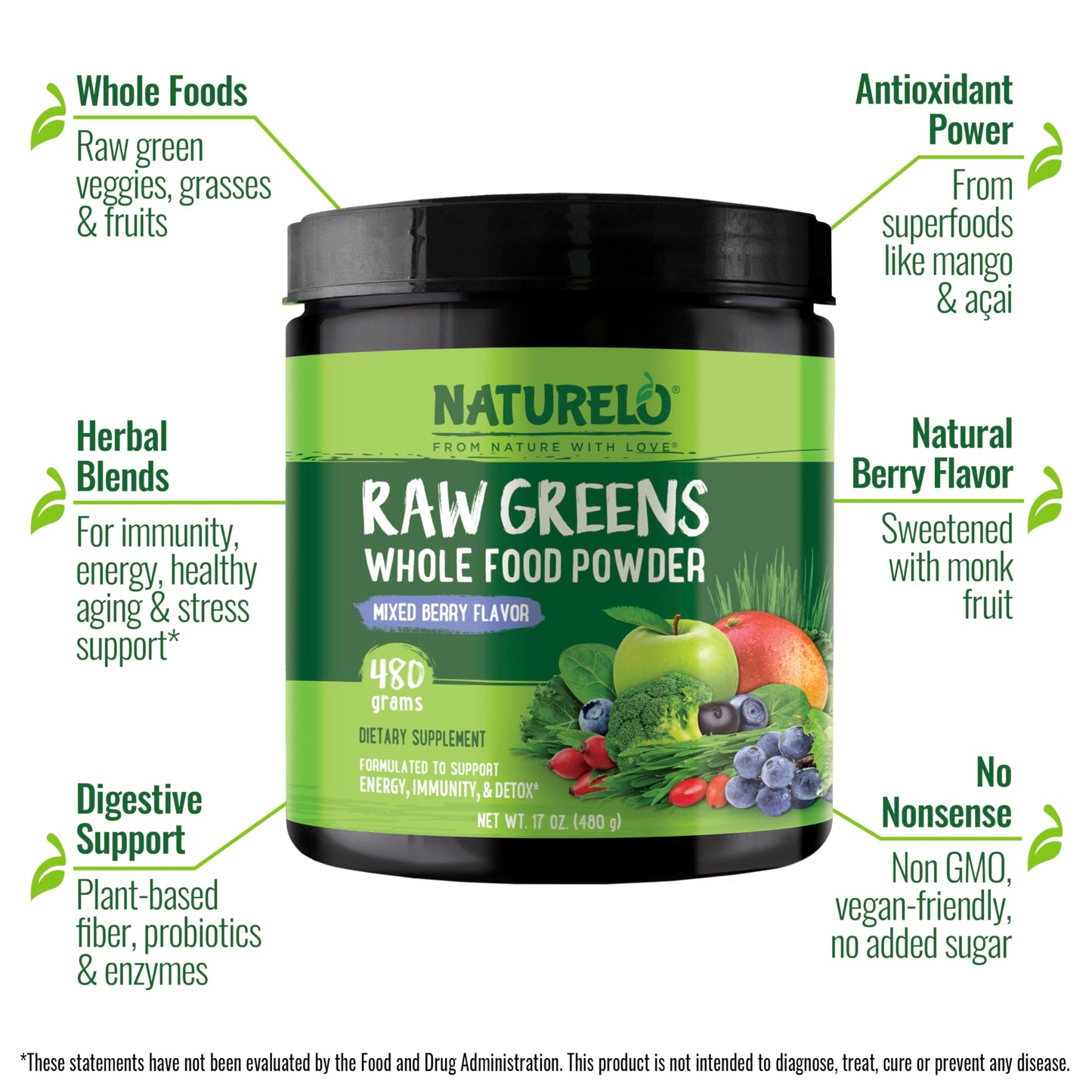 NATURELO Raw Greens Superfood Powder – Mixed Berry, Organic, 480g