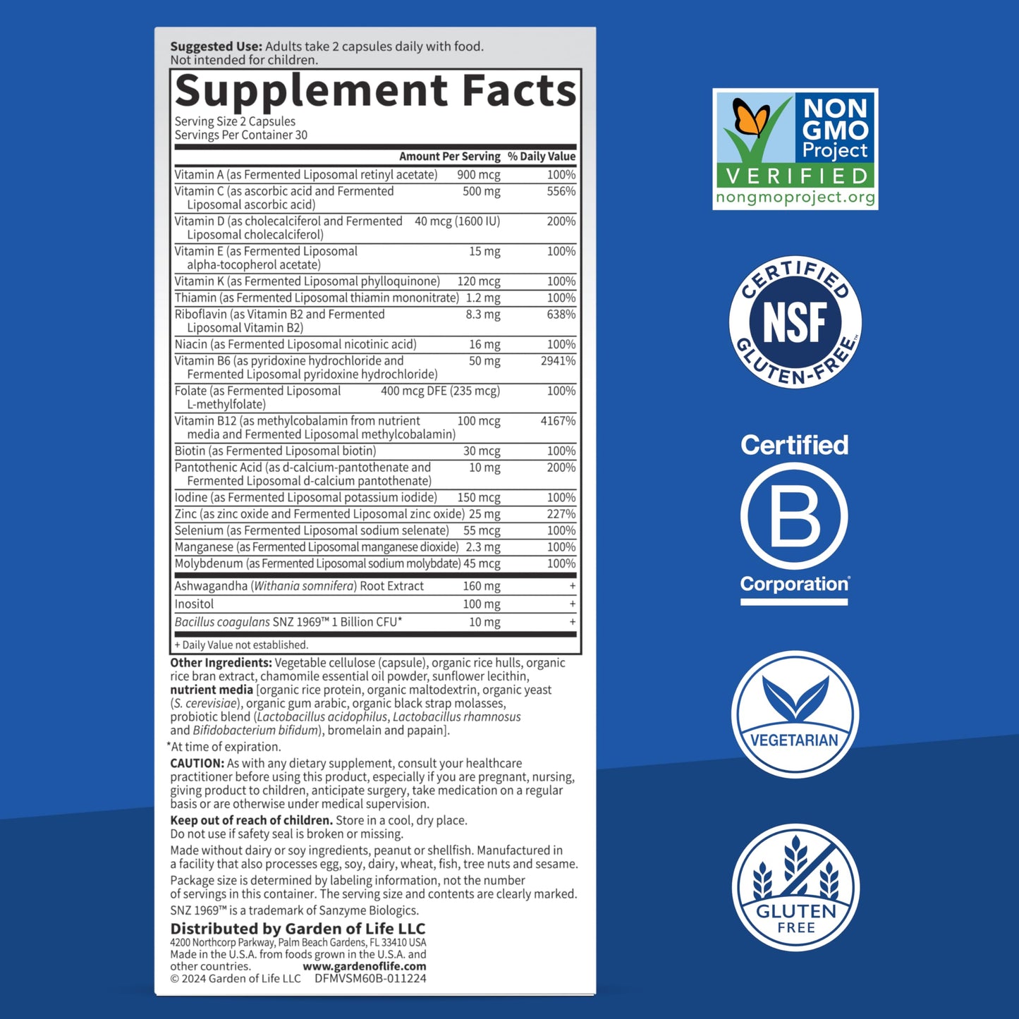 Garden of Life Dr. Formulated Multi+ Stress & Mood, Fermented Liposomal Multivitamin + Ashwagandha, B Vitamins & Probiotics - 60 Capsules, Whole Food Vitamin & Mineral Supplement