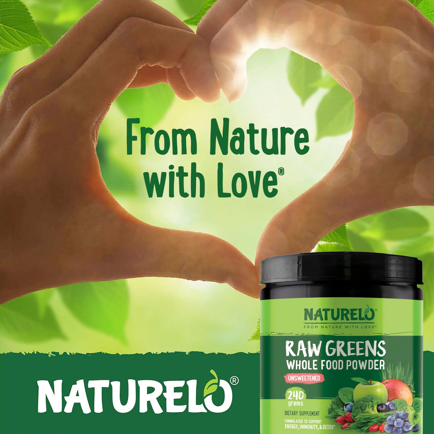 NATURELO Raw Greens Powder – Unsweetened Organic Superfood, 240g