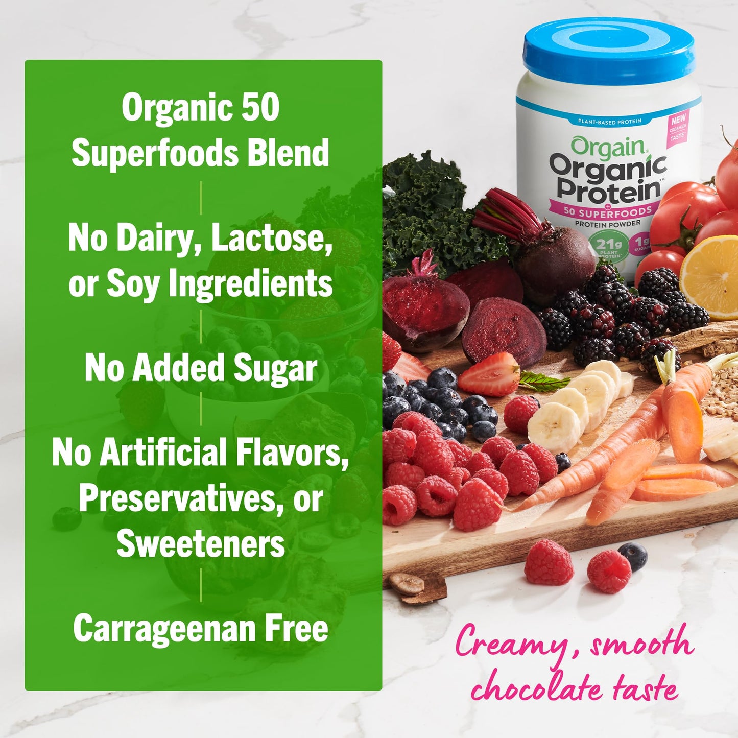 Orgain Vegan Protein + 50 Superfoods – Chocolate Fudge, 21g Protein, 10g Fiber