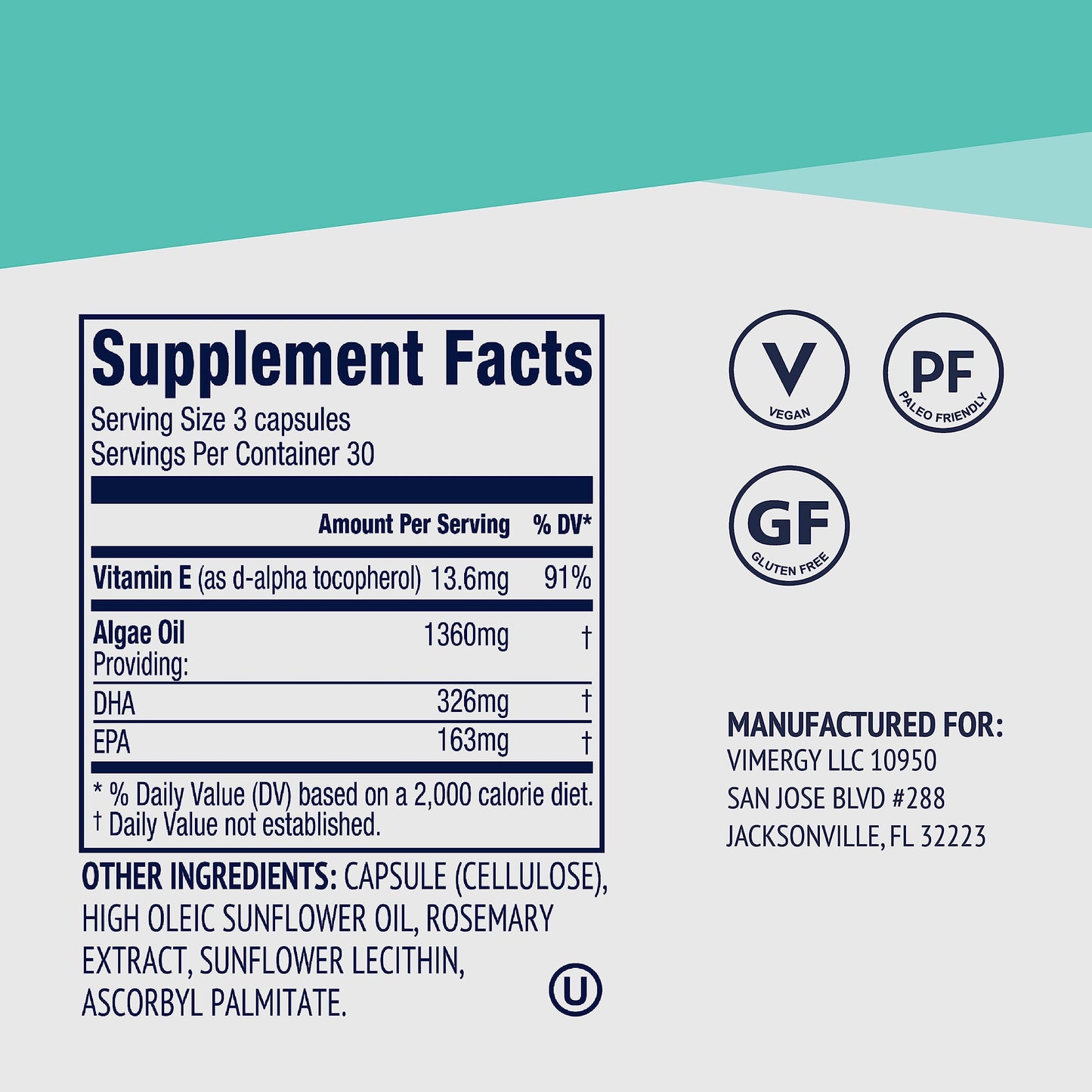 Vimergy EPA/DHA – Vegan Omega-3 for Brain, Eye, Heart Health, 90 Ct