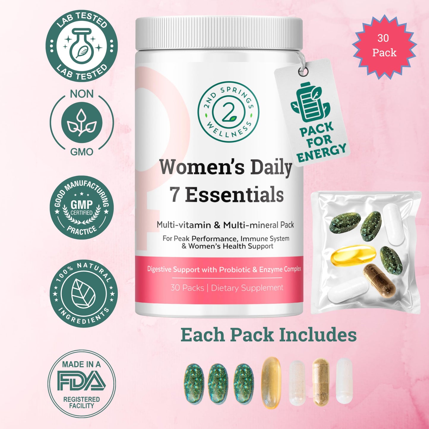 2nd Springs Daily 7 Essentials Women's Vitamin Pack -7 Pack Complete Women's Multivitamin Packet with Energy, Metabolism, Immune System, Women's Health Support with Probiotics, More
