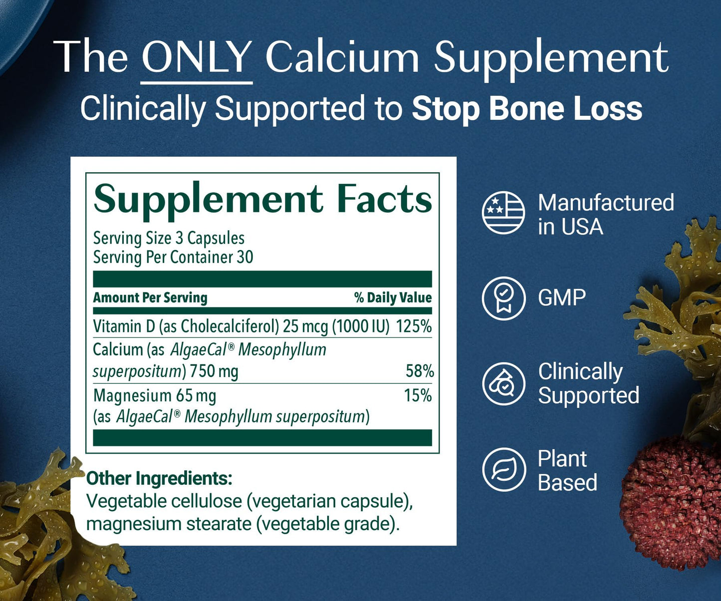 AlgaeCal Plant-Based Calcium with D3 & Minerals for Bone Health - 90 Ct