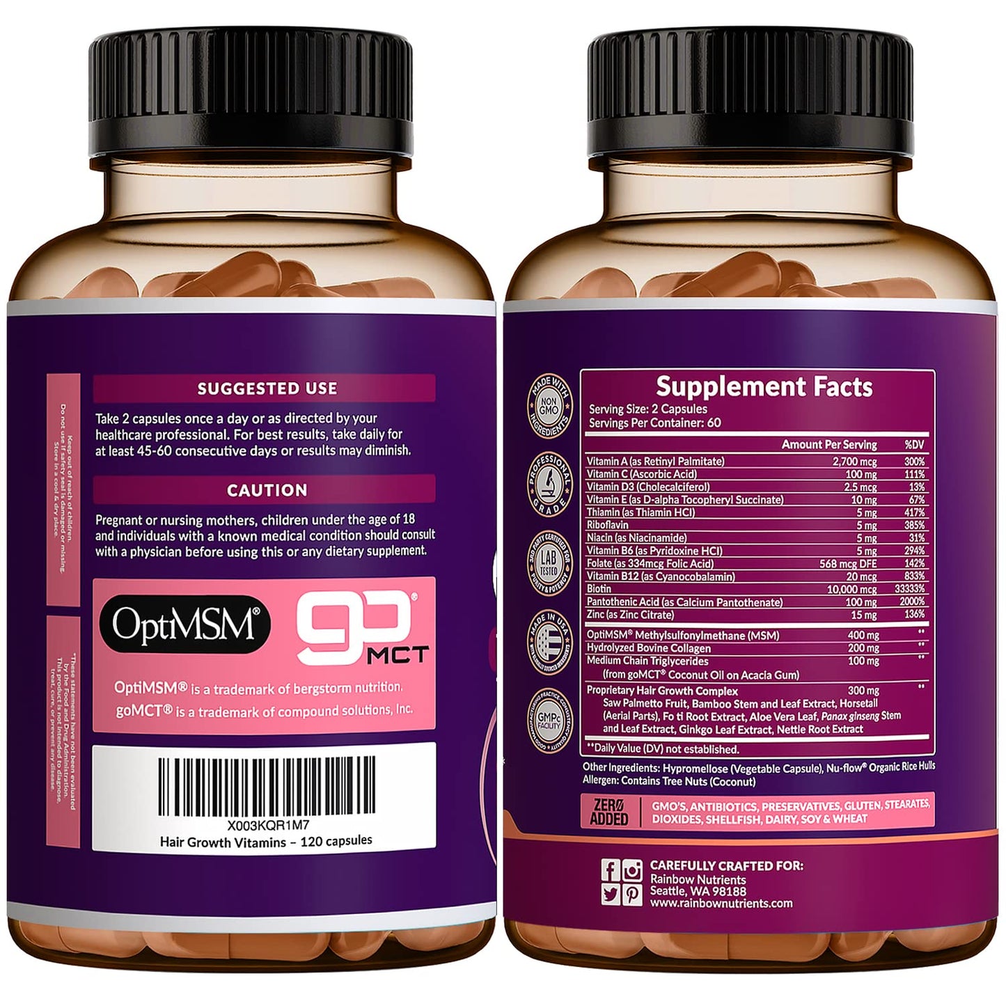 Hair Growth Vitamins for Women – Biotin, Collagen, MSM – 60 Day Supply