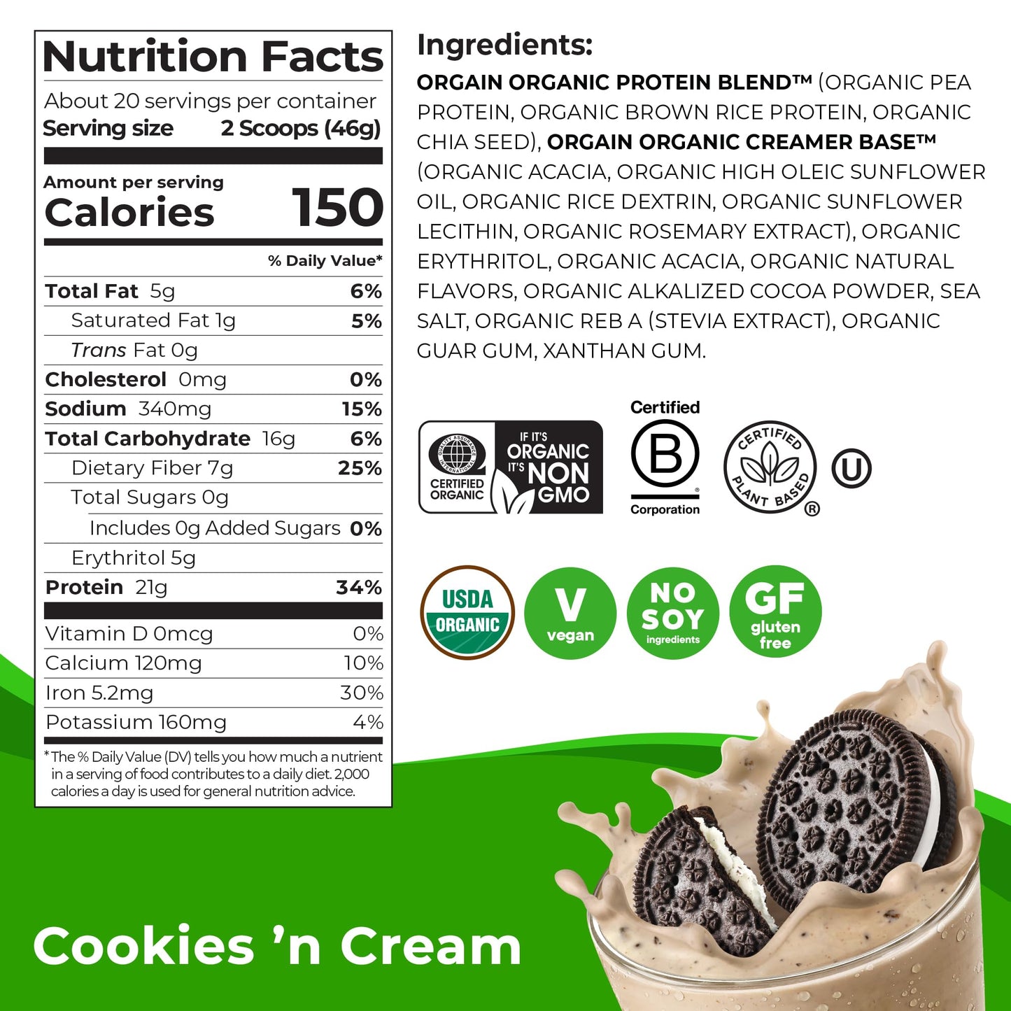 Orgain Vegan Protein Powder – Cookies 'n Cream, 21g Plant Protein