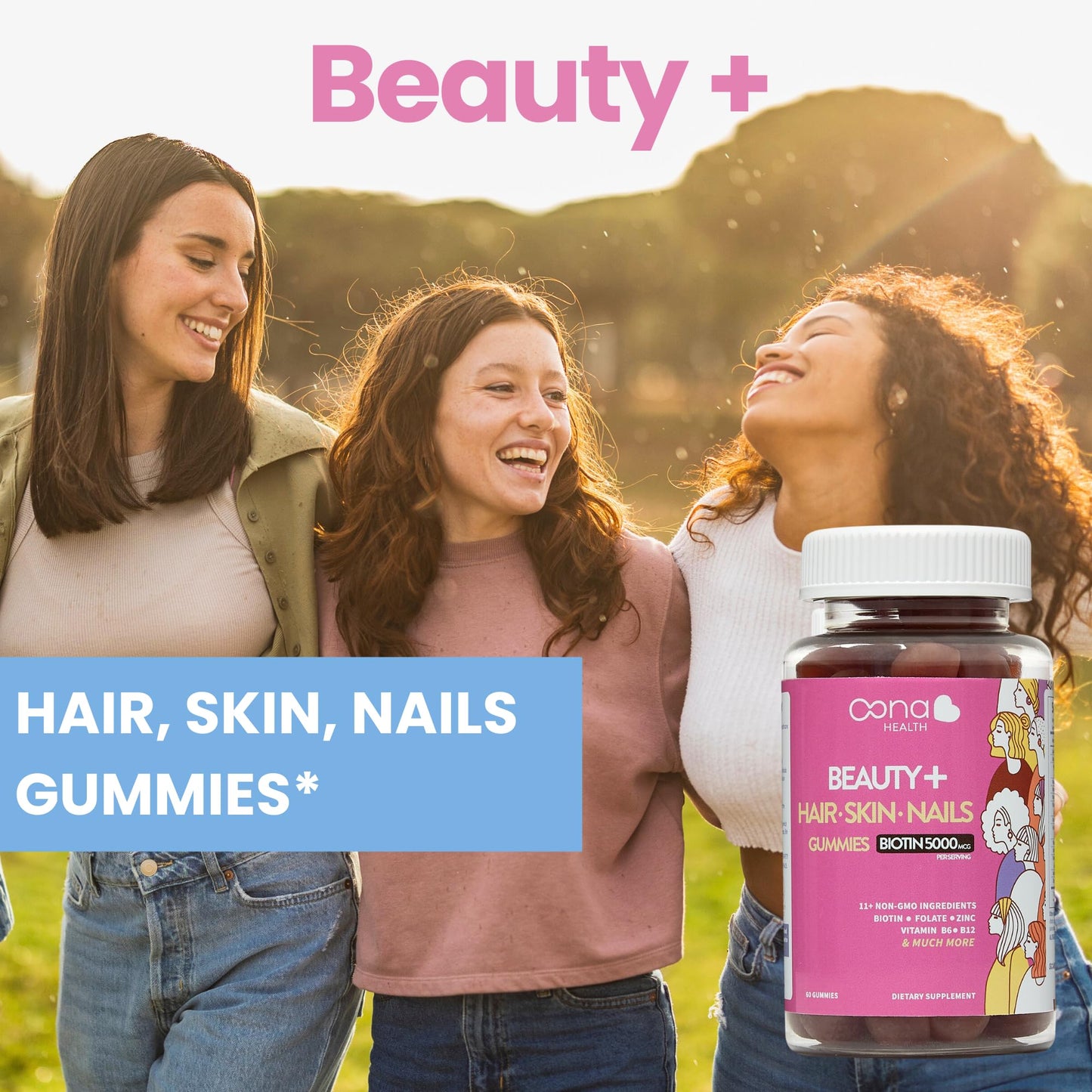 Beauty+ Biotin Gummies – Hair, Skin, Nail Support – 5,000 mcg – 60 Ct