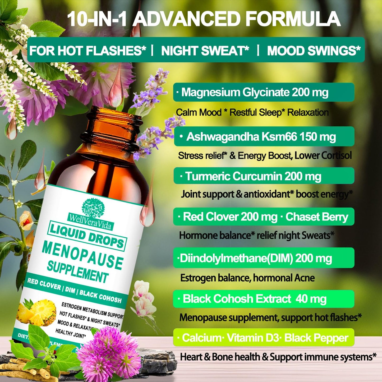 10-in-1 Menopause Supplements for Women, Complete Menopause Vitamins w. Black Cohosh Ksm66 Ashwagandha Red Clover For Hot Flashes Night Sweats Mood Swings, Liquid Menopause Potency than Capsules Pills