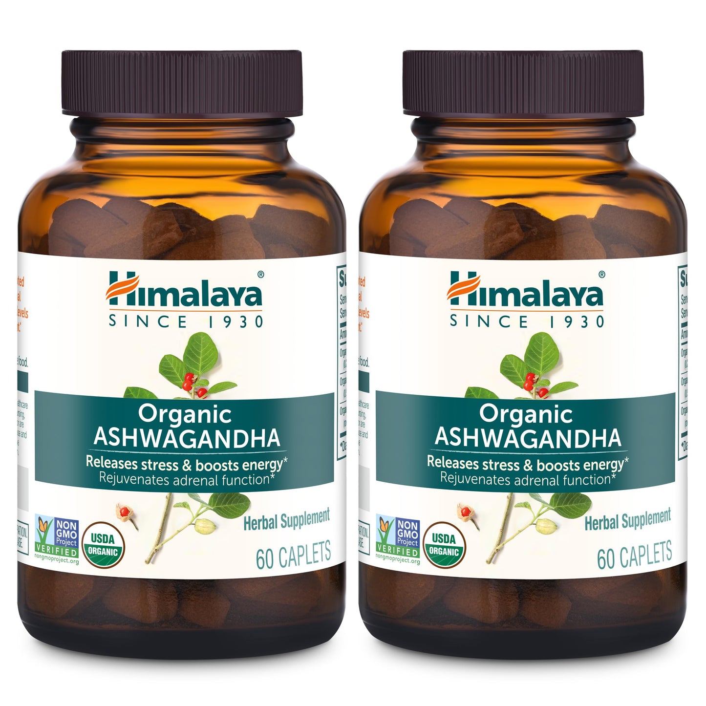 Himalaya Organic Ashwagandha, 120 Day Supply, Herbal Supplement for Stress Relief, Energy Support, Occasional Sleeplessness, USDA Organic, Non-GMO, Vegan, Gluten Free, 670 mg, 60 Caplets, 2 Pack