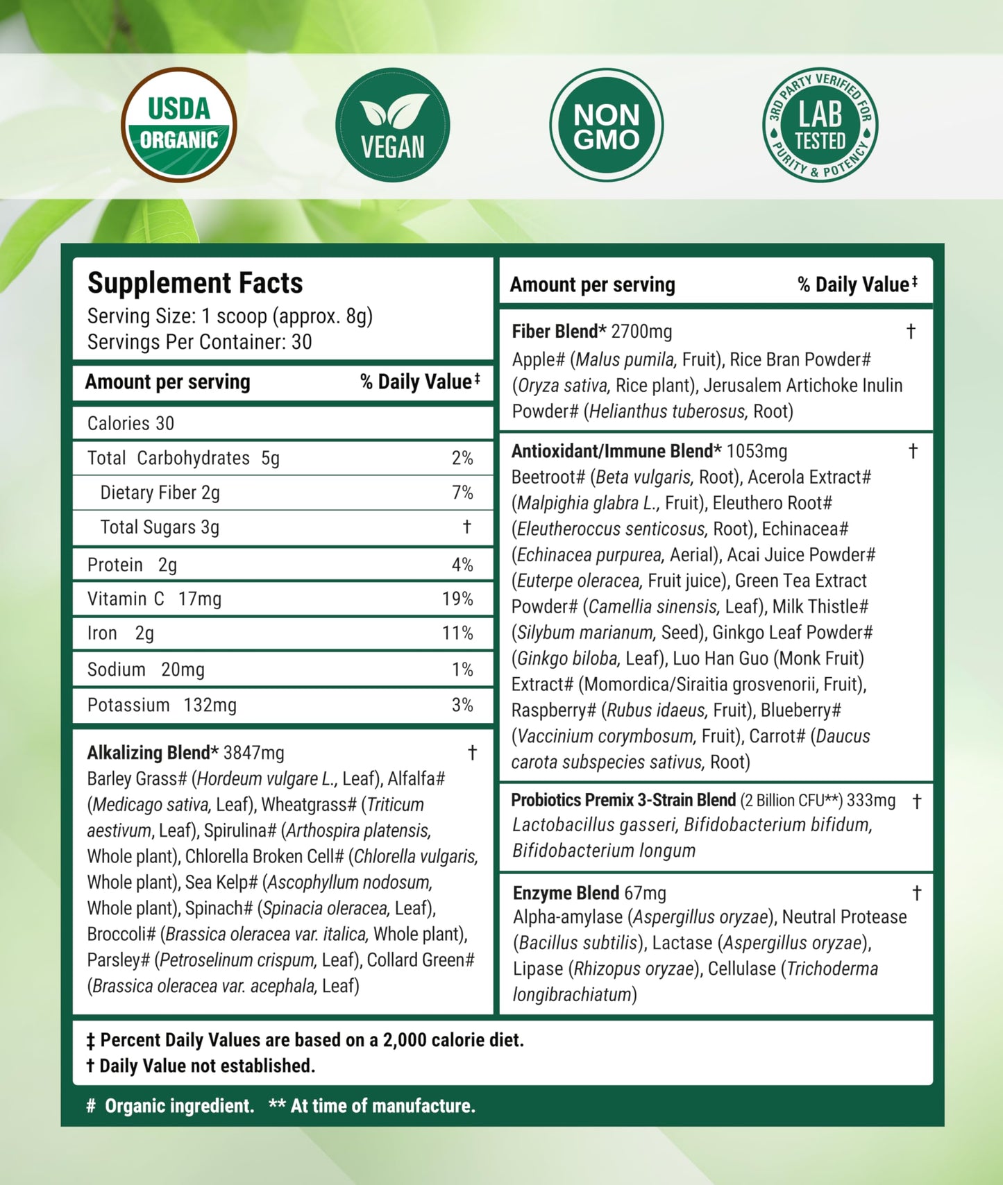 Super Greens Daily Greens Powder – Organic Superfoods & Probiotics, 30 Servings