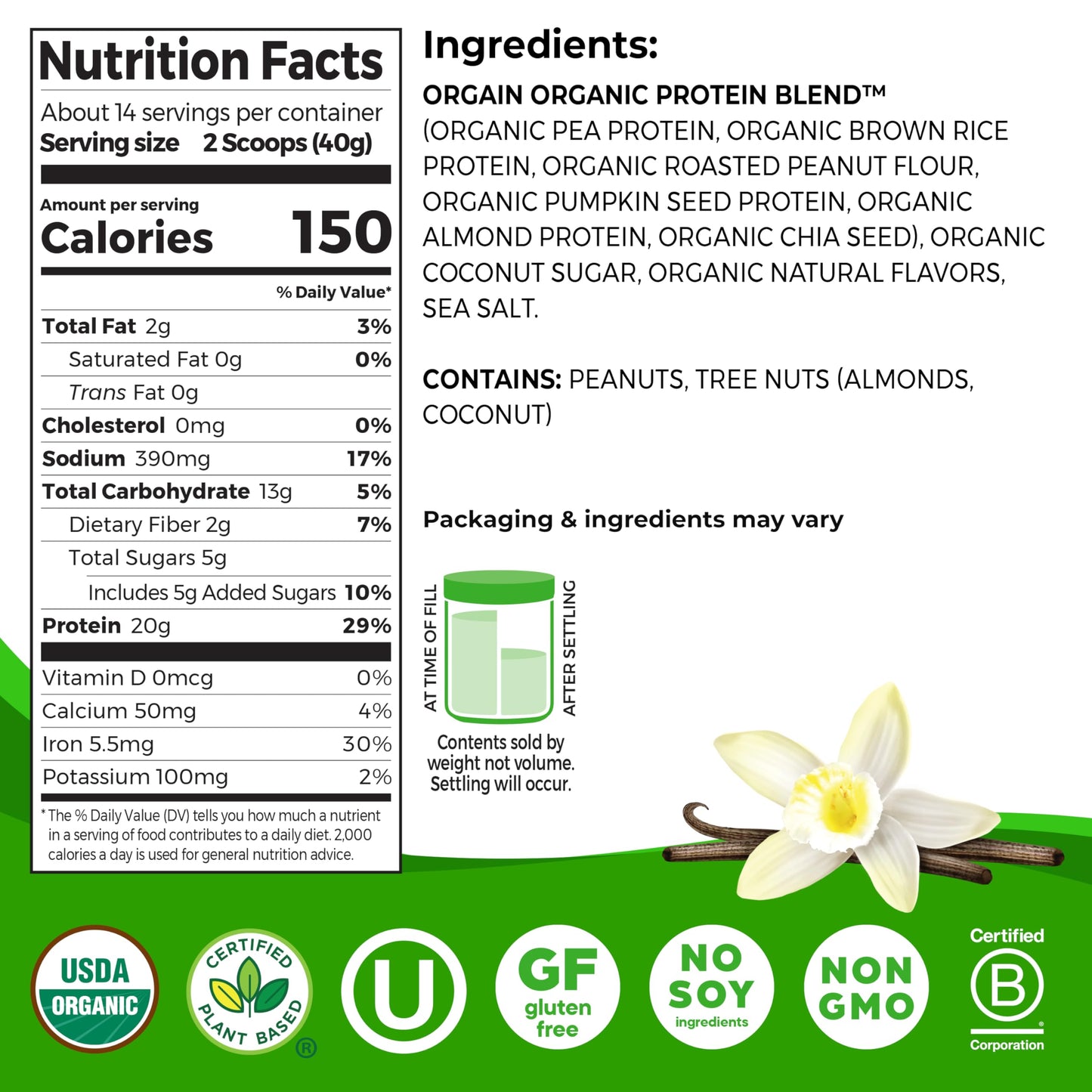 Orgain Simple Vegan Protein – Vanilla, 20g, Clean Ingredients, 1.25 lb