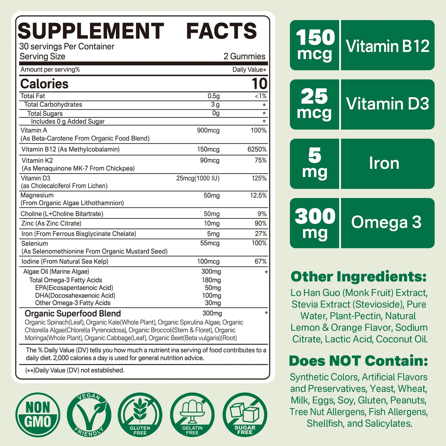 Vegan Multivitamin Gummies – Omega 3, B12, D3, Iron – 60 Count