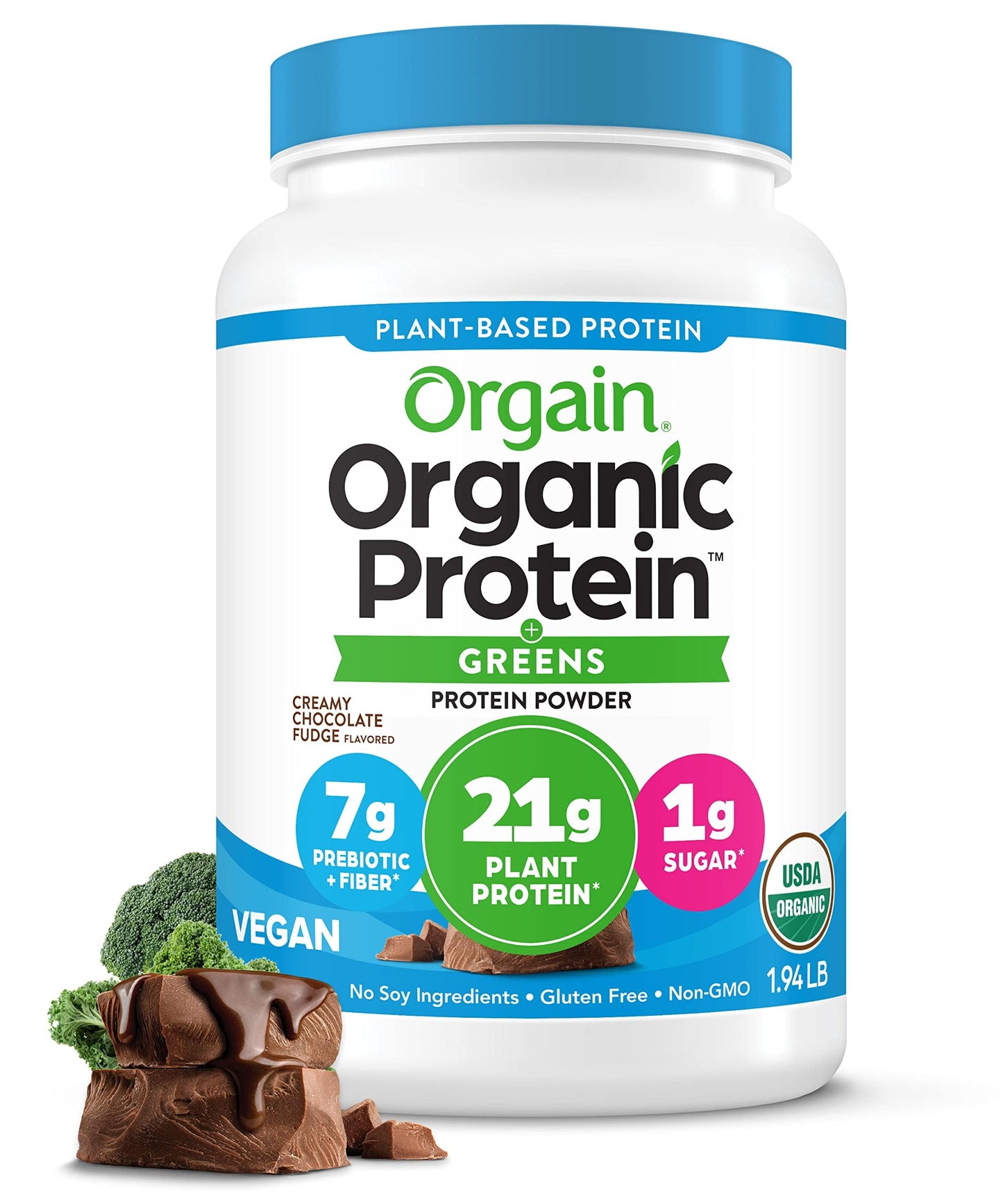 Orgain Vegan Protein + Greens – Chocolate Fudge, 21g Protein, No Sugar