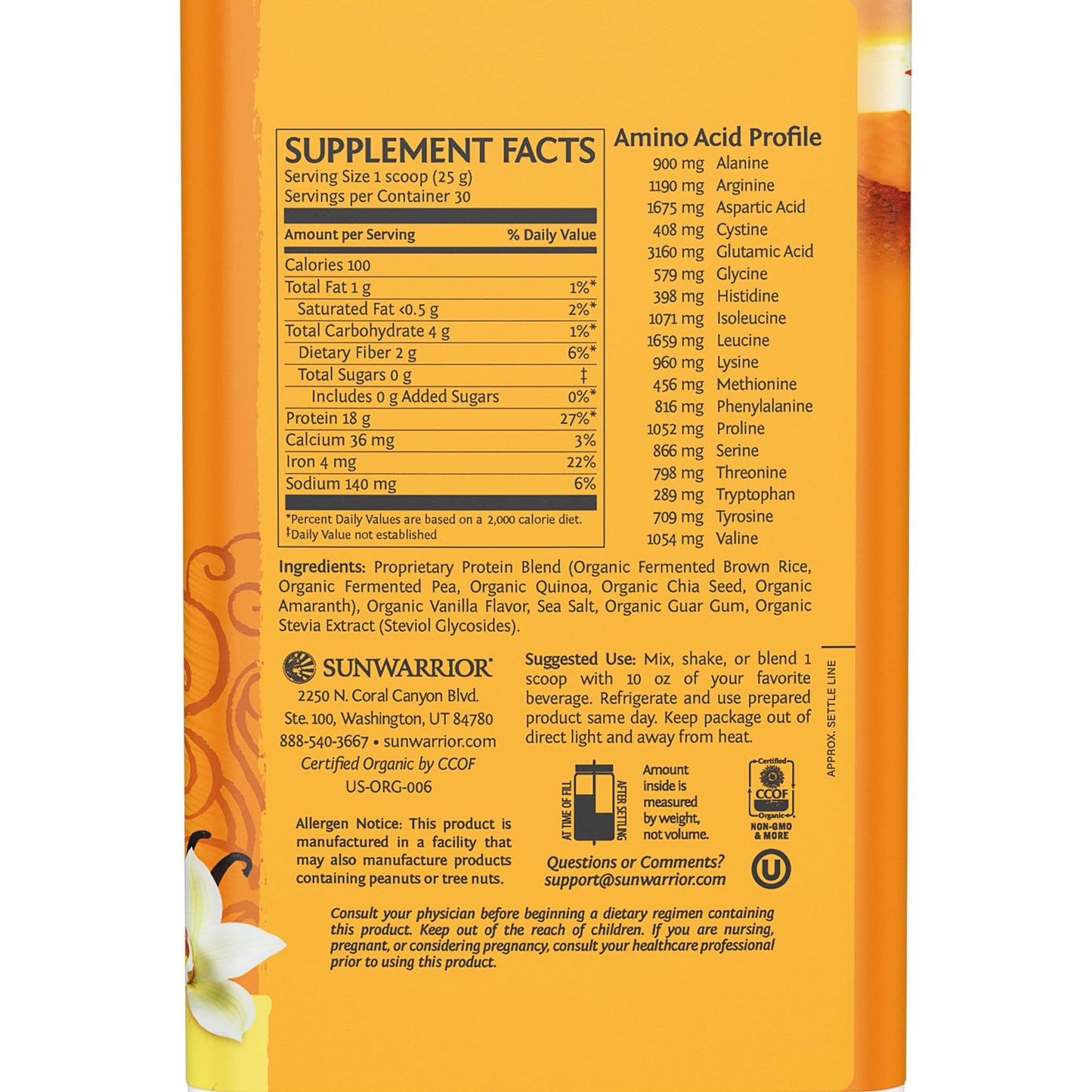 Sunwarrior Classic Plus Vegan Organic Protein – Vanilla, 30 Servings