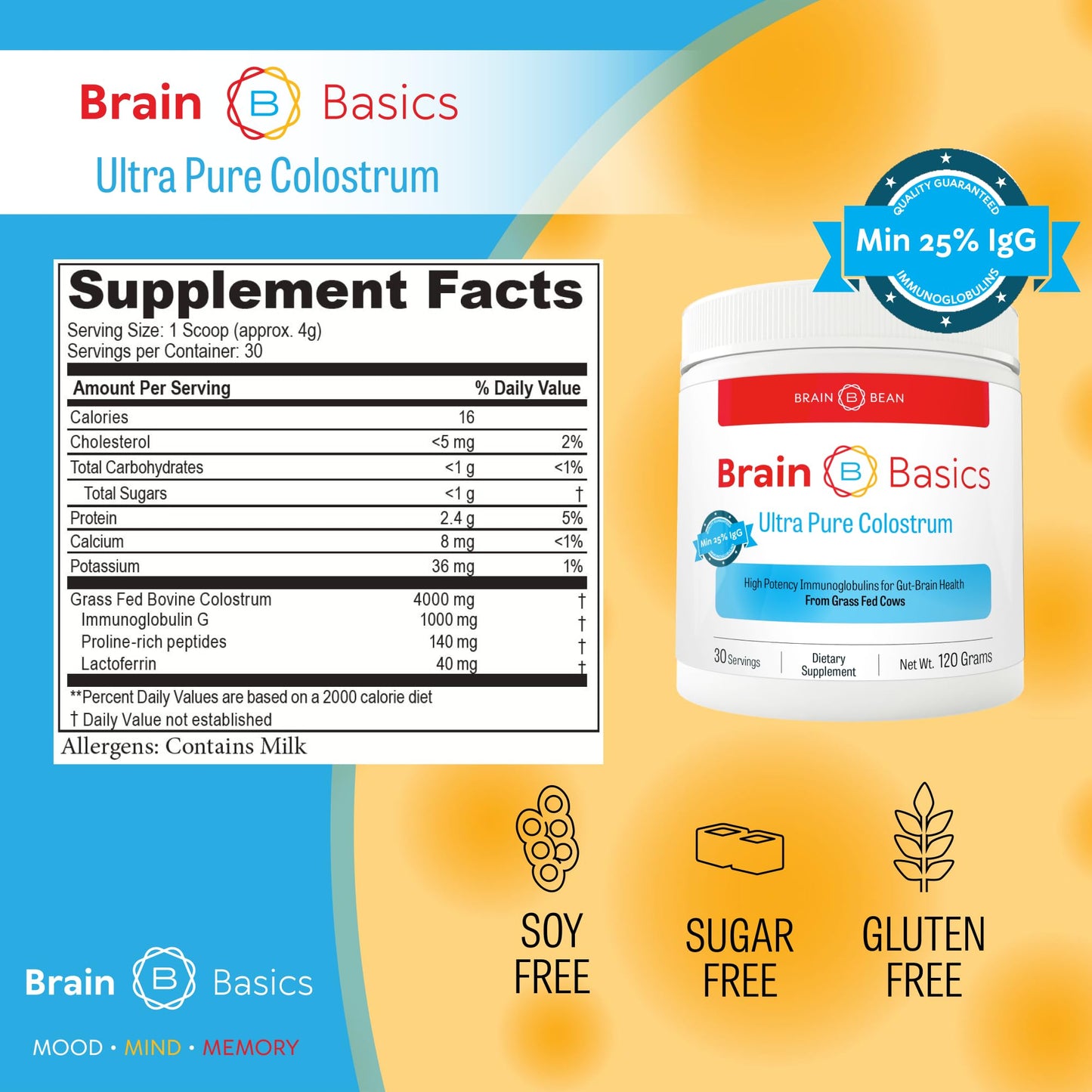 Brain Basics Ultra-Pure Colostrum, 4000mg per Serving, Min 25% IgG antibodies, Gut-Brain-Immune Health, Glowing Hair and Skin. Colostrum Powder from Grass-Fed Cows. 120 Grams - 30 Servings