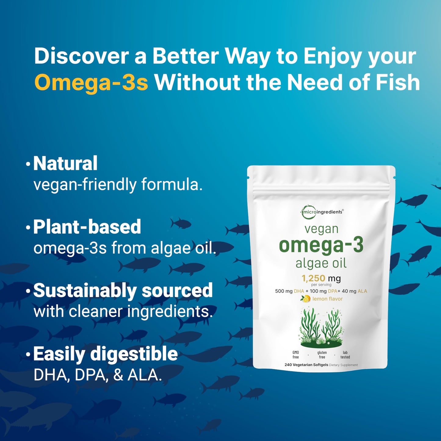 Micro Ingredients Vegan Omega-3 – DHA DPA ALA, Algae Oil, Lemon, 240 Ct
