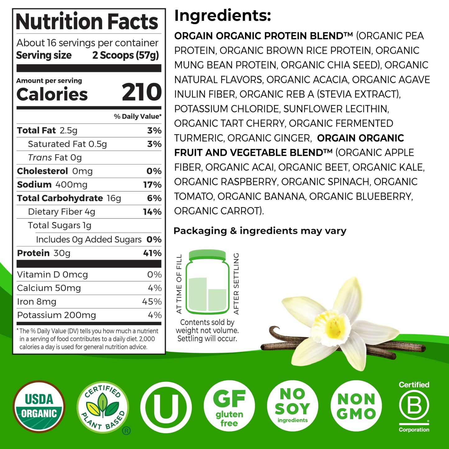 Orgain Vegan Protein – 30g Vanilla, BCAAs, Fiber, 1g Sugar, Workout Support