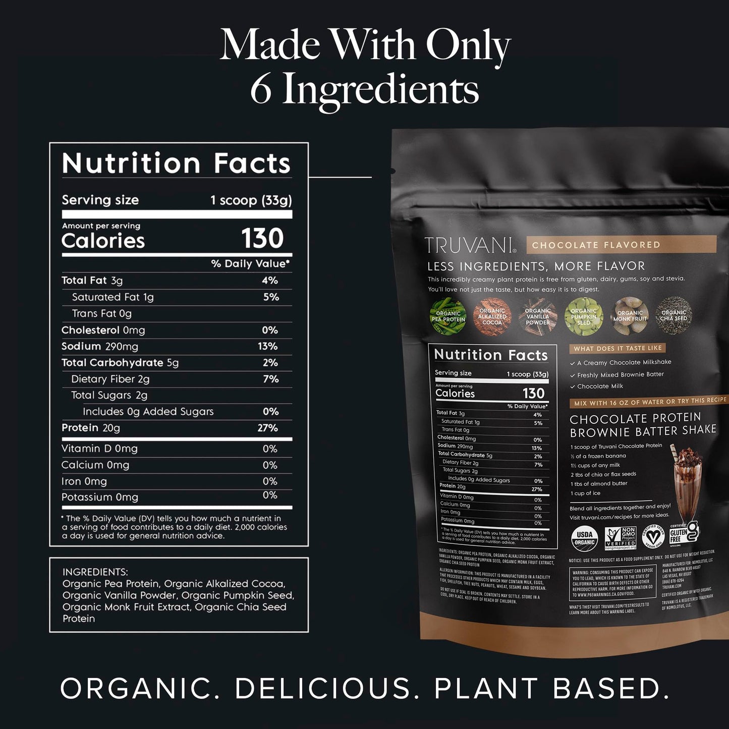 Truvani Vegan Protein – Chocolate, 20g, Organic, Keto, 18 Servings