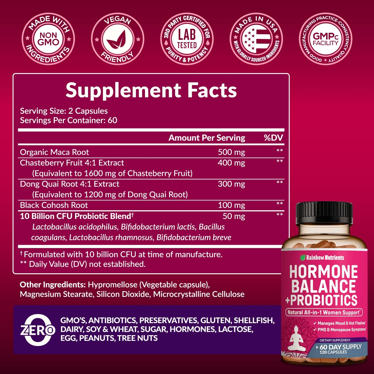 (2 Pack) Hormone Balance + Probiotics for Women (3450mg) Natural Relief for Menopause, Hot Flashes, PMS, Bloating | 4:1 Chasteberry, Dong Quai, Black Cohosh | Non GMO|240 V Capsules