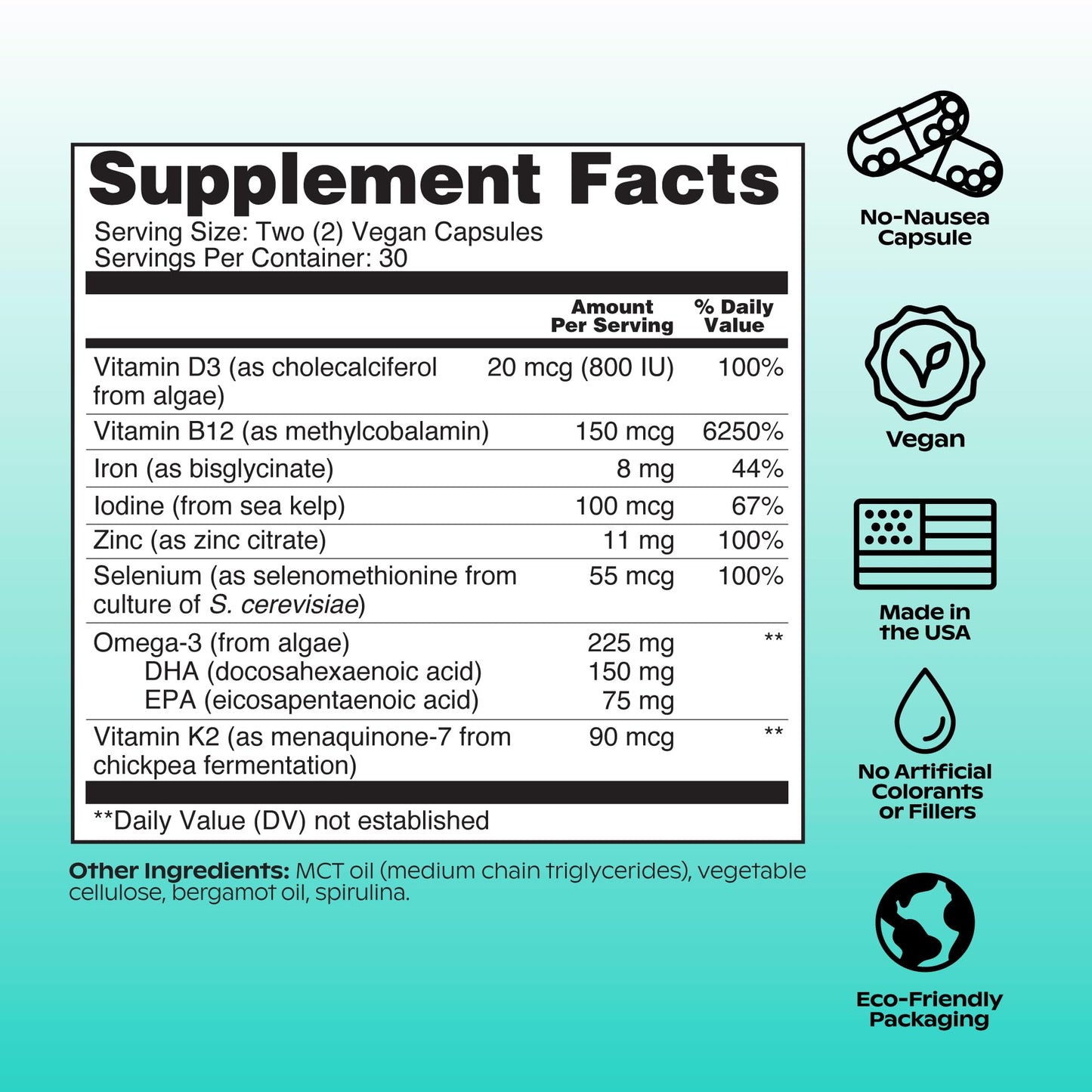 wholier Plant-Based Multivitamin – Vegan Omega-3, B12, D3, K2, Iron Support