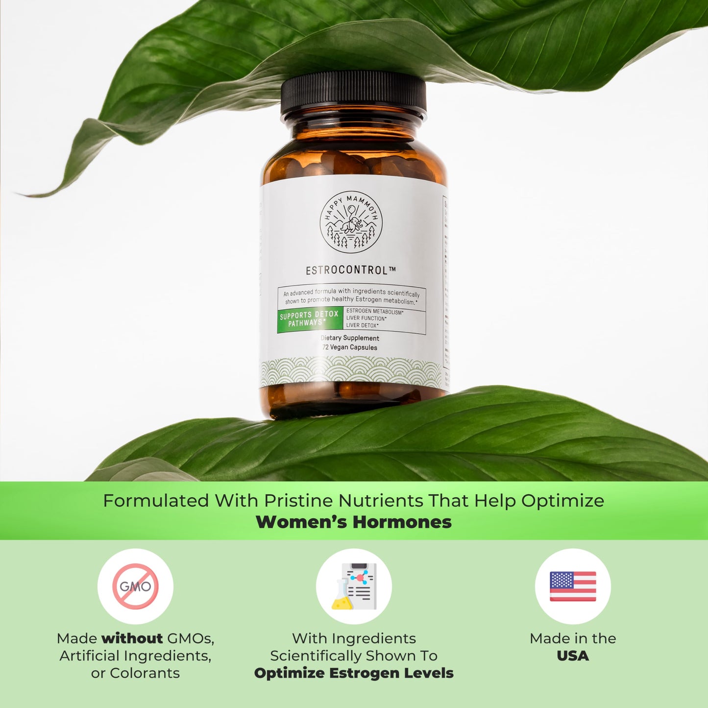 Happy Mammoth EstroControl Natural Estrogen Balance Support for Women. Relief for PMS, Irritability, Hormonal Weight Gain, Cravings, Metabolism, Irregular Periods, Healthy Energy. 72 Caps.