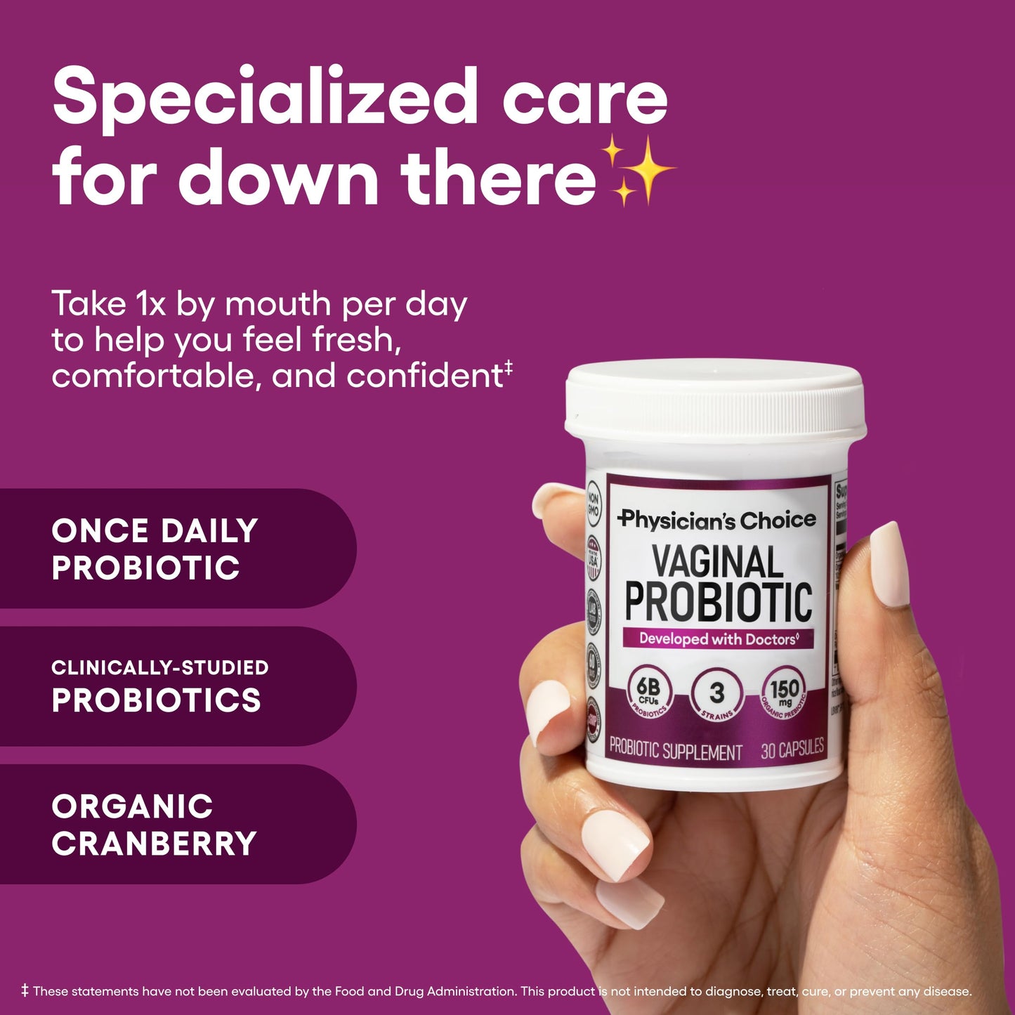 Physician's CHOICE Vaginal Probiotics for Women - pH Balance, Odor Control, Yeast Balance, Vaginal Flora & Feminine Health - 6B CFU with Organic Prebiotics and Cranberry Extract - 30 CT