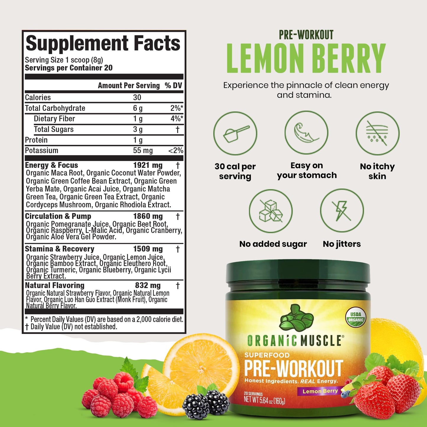 Organic Pre-Workout – Lemon Berry, Clean Energy, No Jitters, 20 Ct