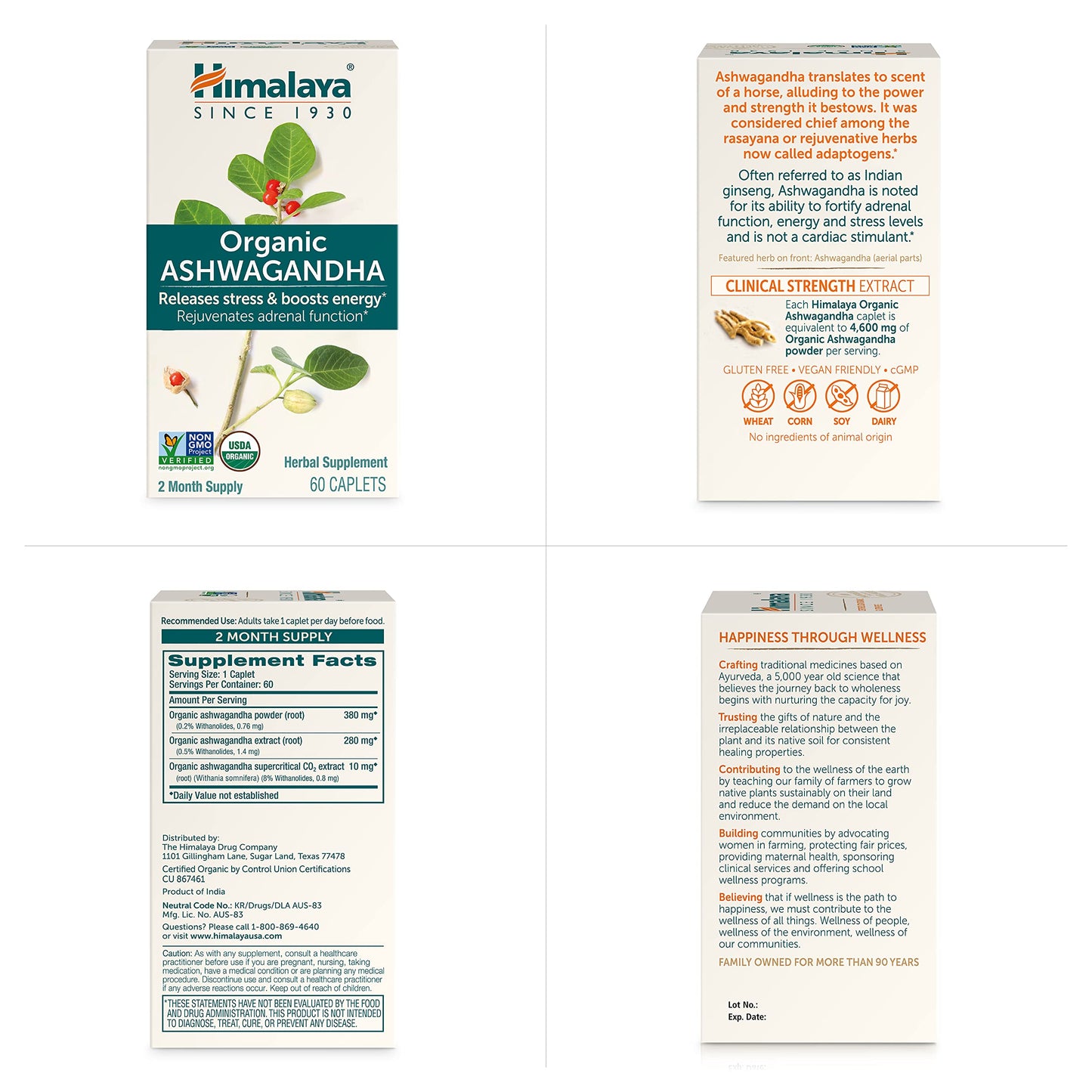 Himalaya Organic Ashwagandha, 120 Day Supply, Herbal Supplement for Stress Relief, Energy Support, Occasional Sleeplessness, USDA Organic, Non-GMO, Vegan, Gluten Free, 670 mg, 60 Caplets, 2 Pack
