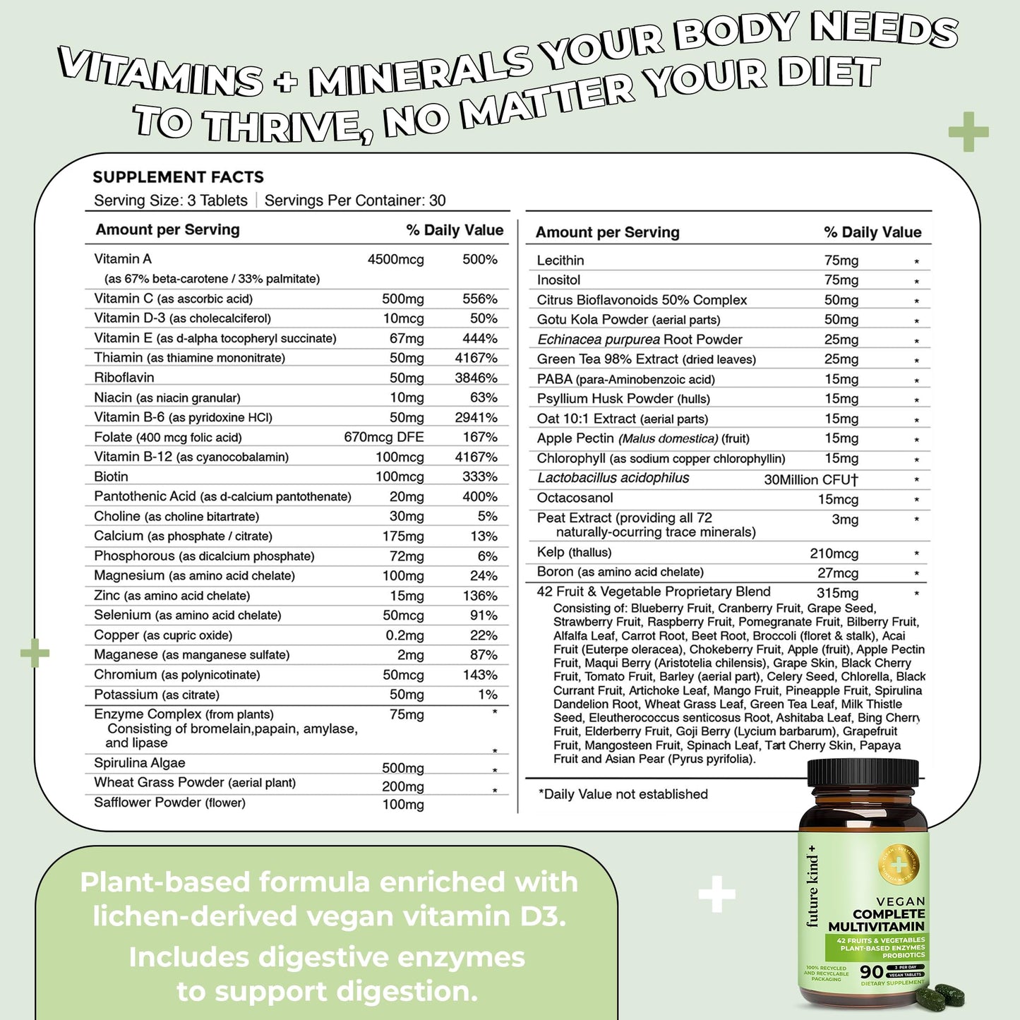 Future Kind Vegan Multivitamins – 42-in-1 Digestive & Immune Support, 90 Ct