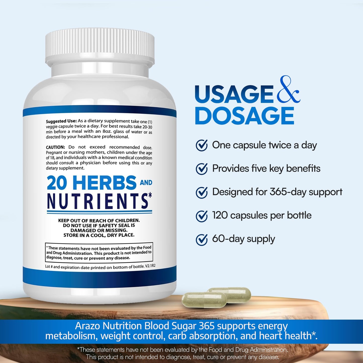 Arazo Nutrition Blood Sugar 365 – Glucose & Energy Support – 120 Ct