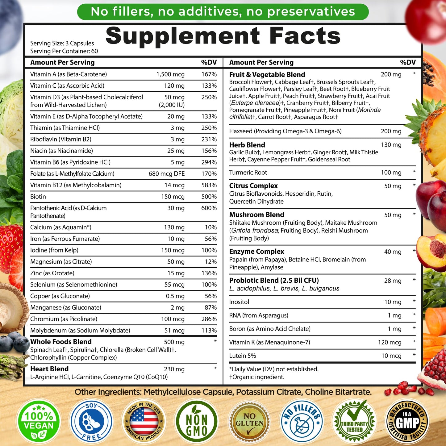Vegan Whole Food Multivitamin with Iron – B-Complex, Probiotics, 180 Ct