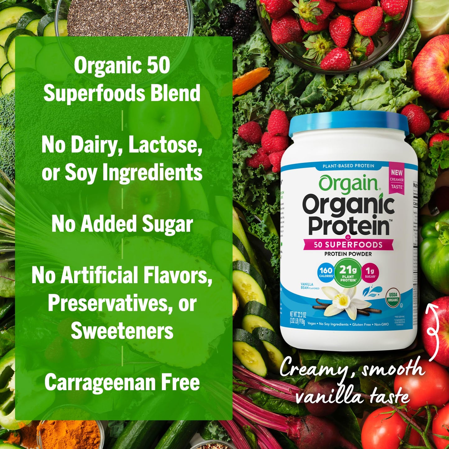 Orgain Vegan Protein + Superfoods – Vanilla Bean, 21g, 2.02 lb