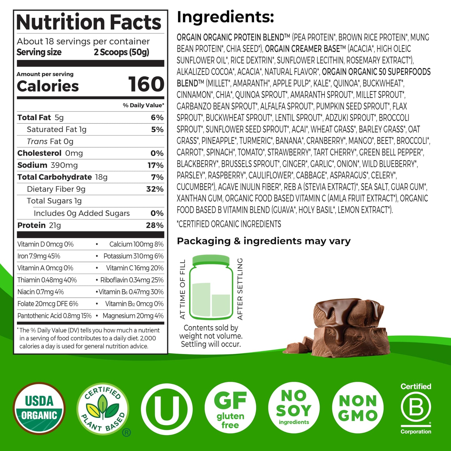 Orgain Vegan Protein + Superfoods – Chocolate Fudge, 21g Protein