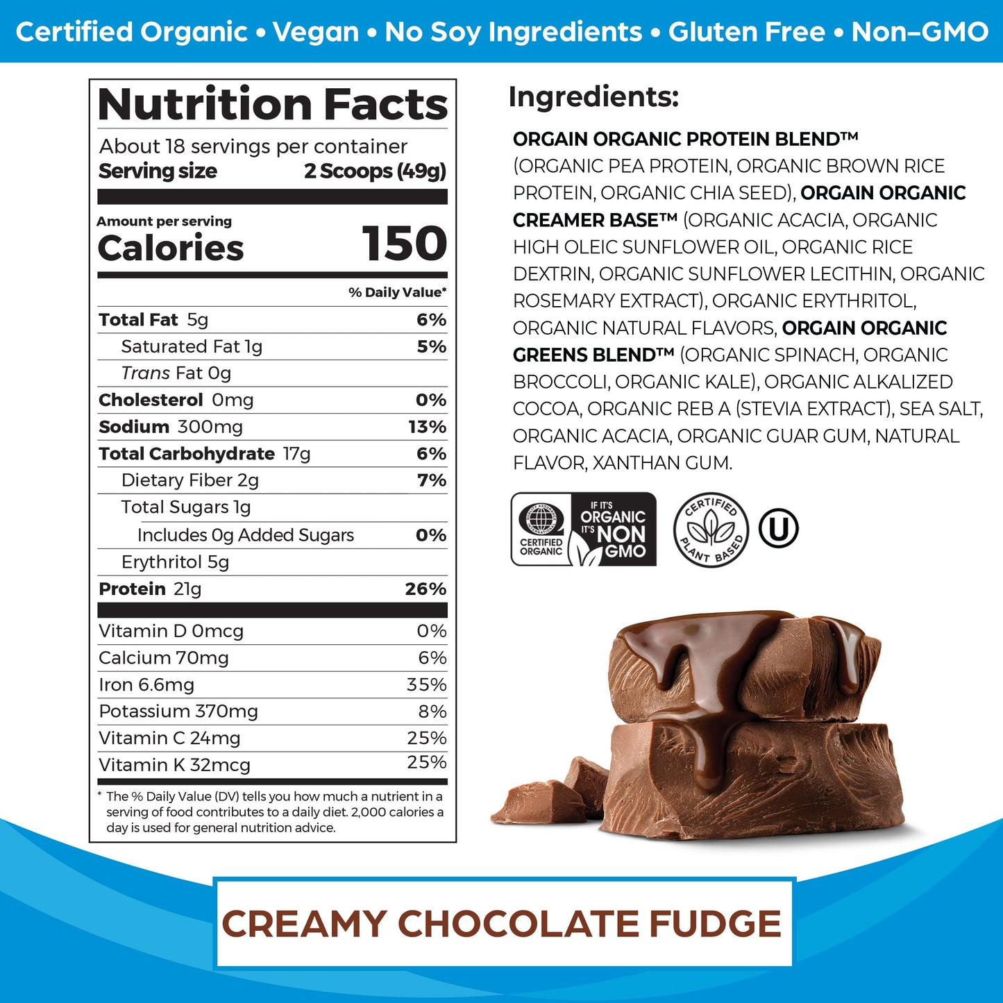 Orgain Vegan Protein + Greens – Chocolate Fudge, 21g Protein, No Sugar
