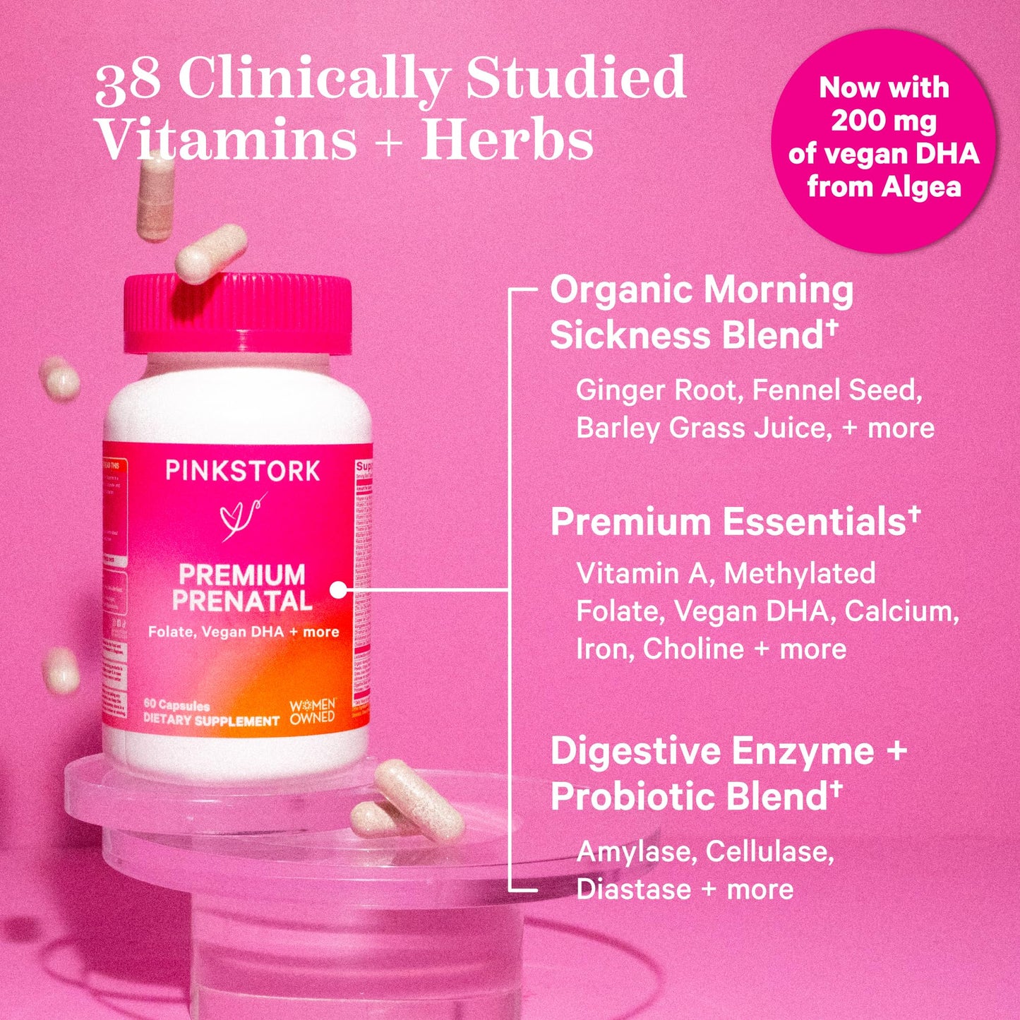 Pink Stork Prenatal Vitamin – 60 capsules with organic nutrients, probiotics, folate, and iron for pregnancy wellness and energy.