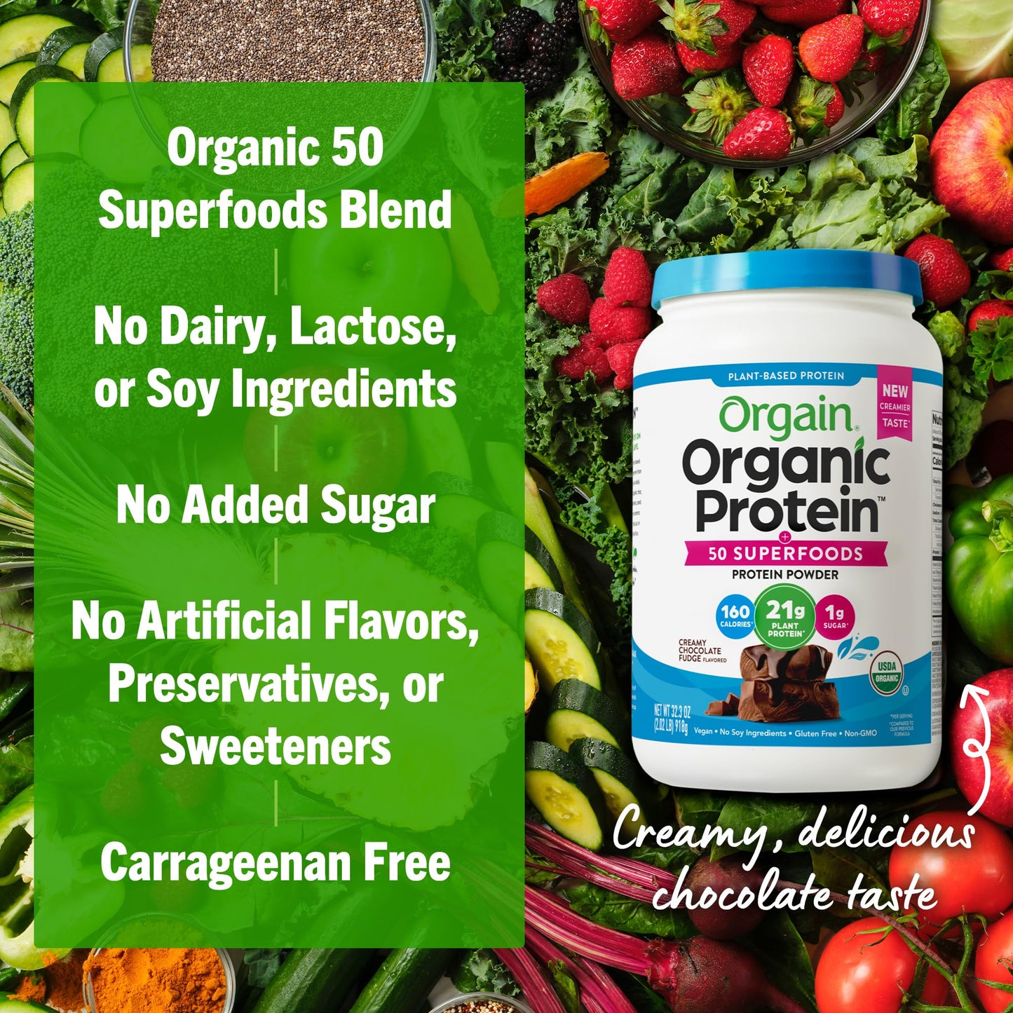 Orgain Vegan Protein + Superfoods – Chocolate Fudge, 21g Protein