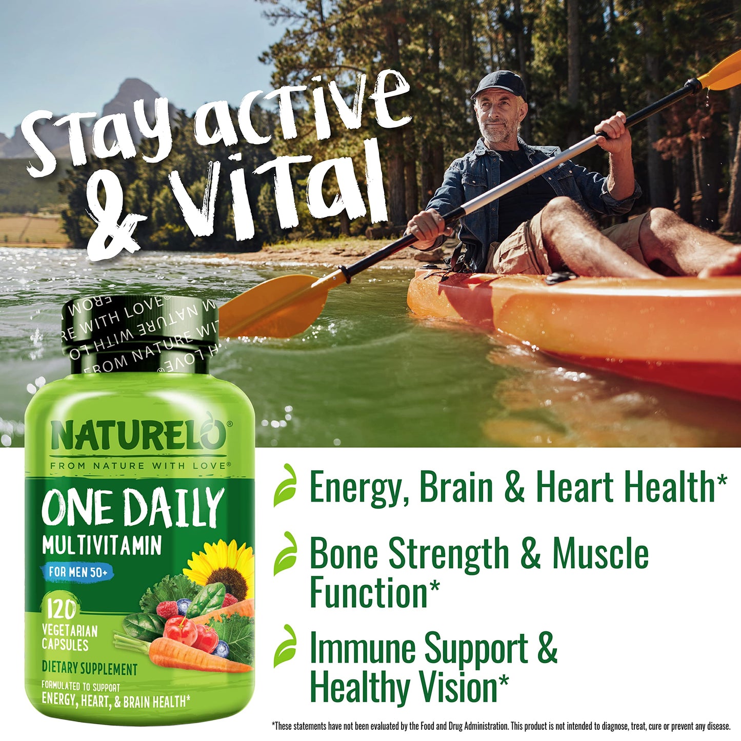 NATURELO Men’s 50+ Multivitamin – Energy, Heart & Immune Support 120 Ct