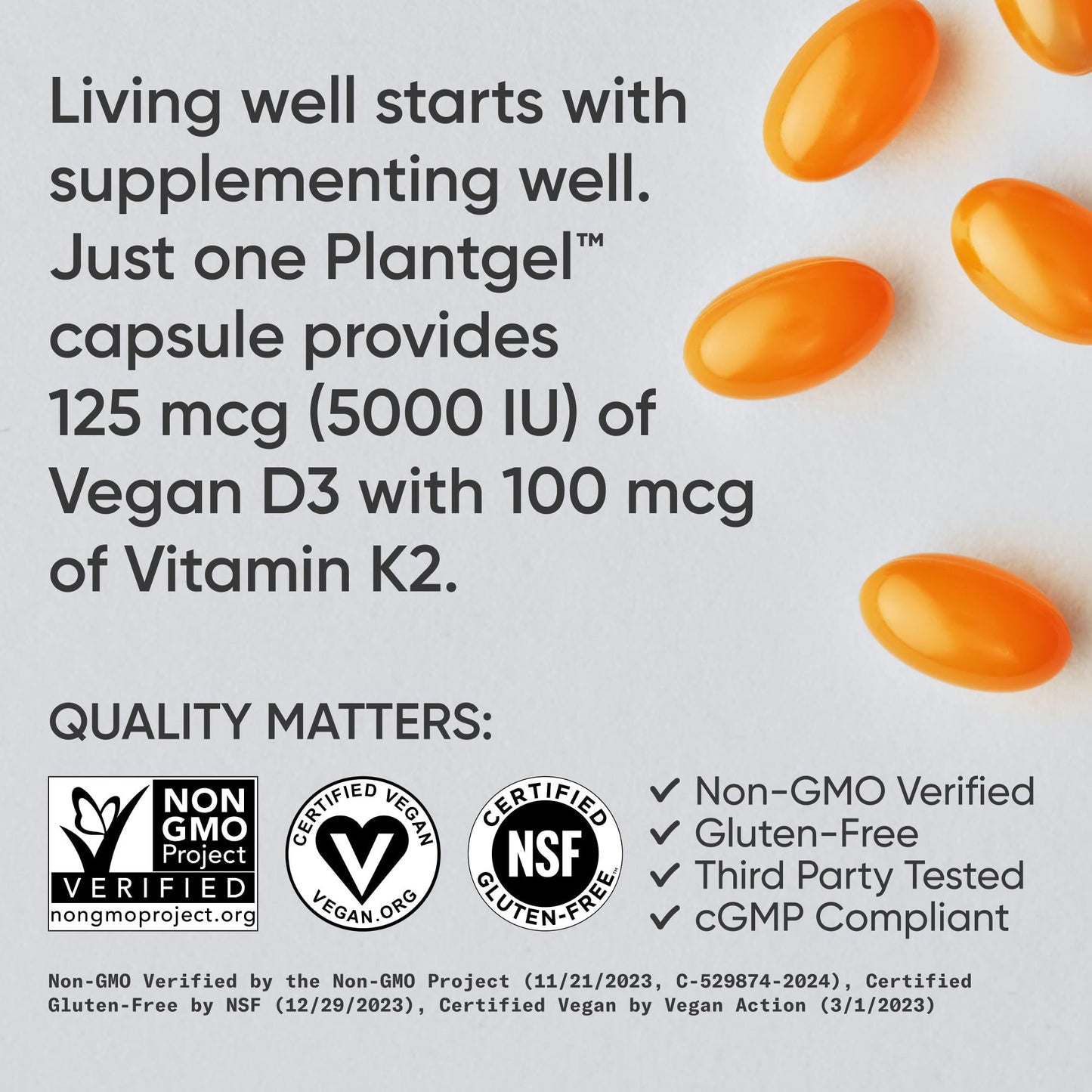 Vegan Vitamin D3 + K2 – 5000 IU
Bone, heart & immune support with plant-based D3, K2 MK-7 & coconut oil.