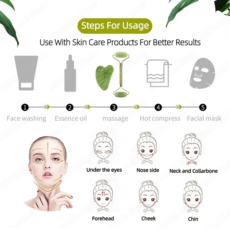 Jade Gua Sha Face Massager Roller and Scraper Tool for Facial Lift & Neck Slimming