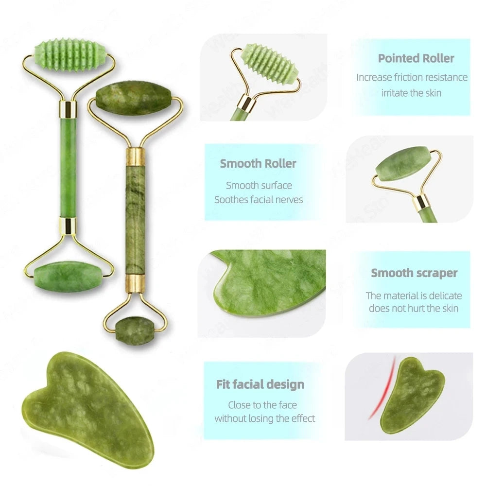 Jade Gua Sha Face Massager Roller and Scraper Tool for Facial Lift & Neck Slimming