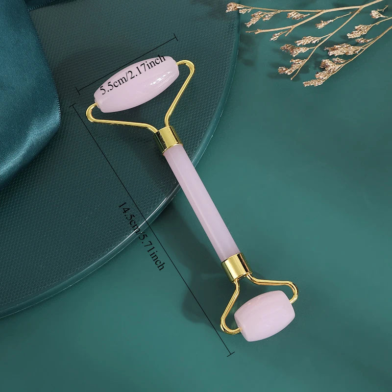 Pink Quartz Jade Roller and Gua Sha Facial Massager Tool Set